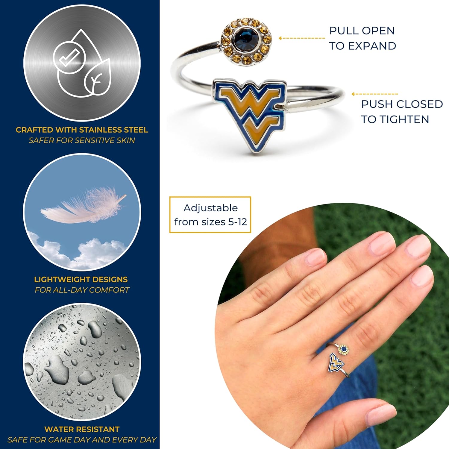 Stone Armory West Virgina Mountaineers Gifts for Women - West Virginia Logo Ring with Crystals - Hypoallergenic and Adjustable Sizes 5-12 - Womens WVU Gifts and WV Gear