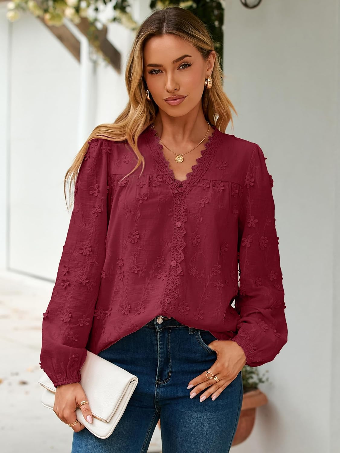 Simplee Womens Dressy Long Sleeve Blouses Casual V Neck Button Floral Lace Embroidered Fall Tops Fashion Shirts - Image 6