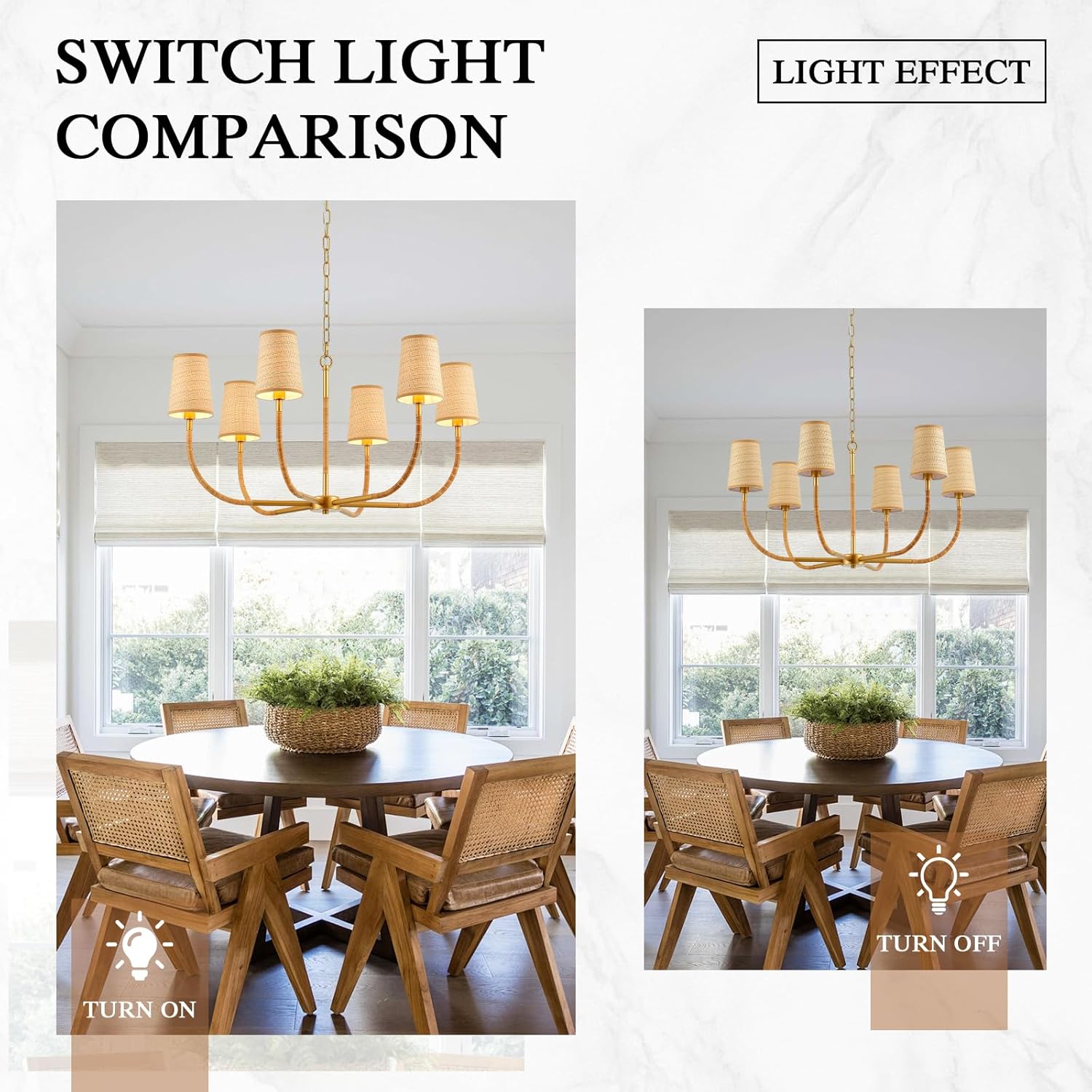 Farmhouse Rattan Chandelier, 6-Light Boho Chandelier for Dining Room 34’’ Rustic Gold Chandelier with Rattan Shades, Large Pendant Lighting Fixtures for Kitchen Island Living Room Bedroom, UL Listed