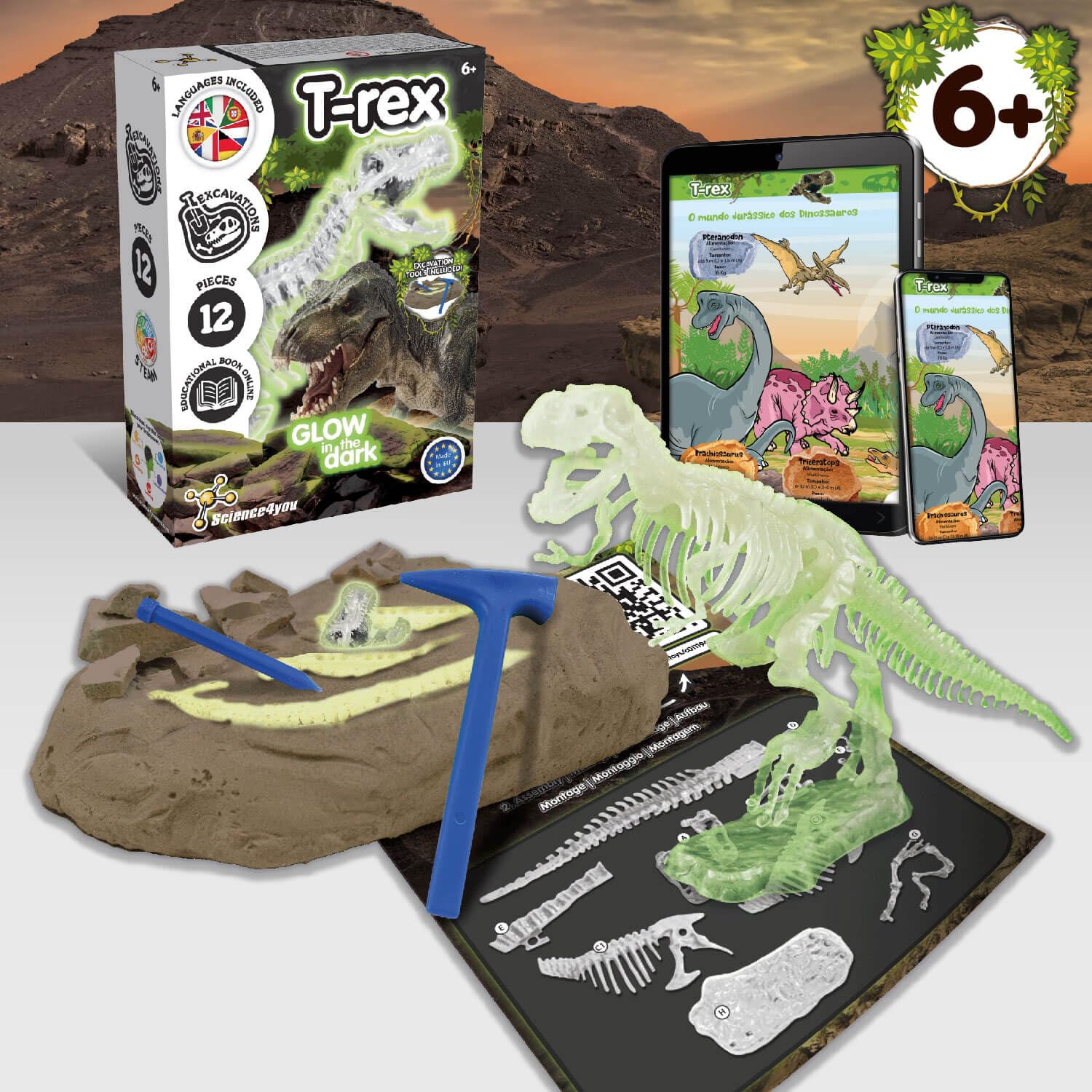 Science4you T-Rex Excavaciones Fósiles para Niños y Niñas - Excava y Encuentra Fosiles Dinosaurios Que Brillan en la Oscuridad + Juguetes de Dinosaurios para Niños y Niñas, Juegos, Regalos 6+ Años