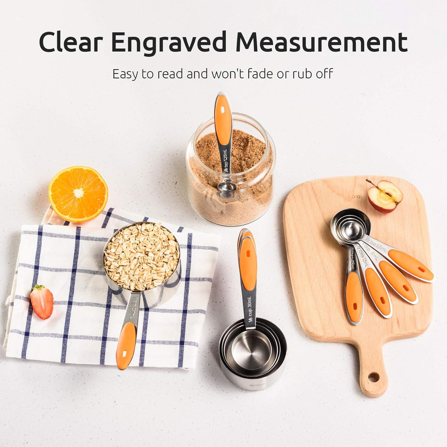 U-Taste 18/8 Stainless Steel Measuring Cups and Spoons Set of 10 and 12.6in Stainless Steel Danish Dough Whisk (Orange)