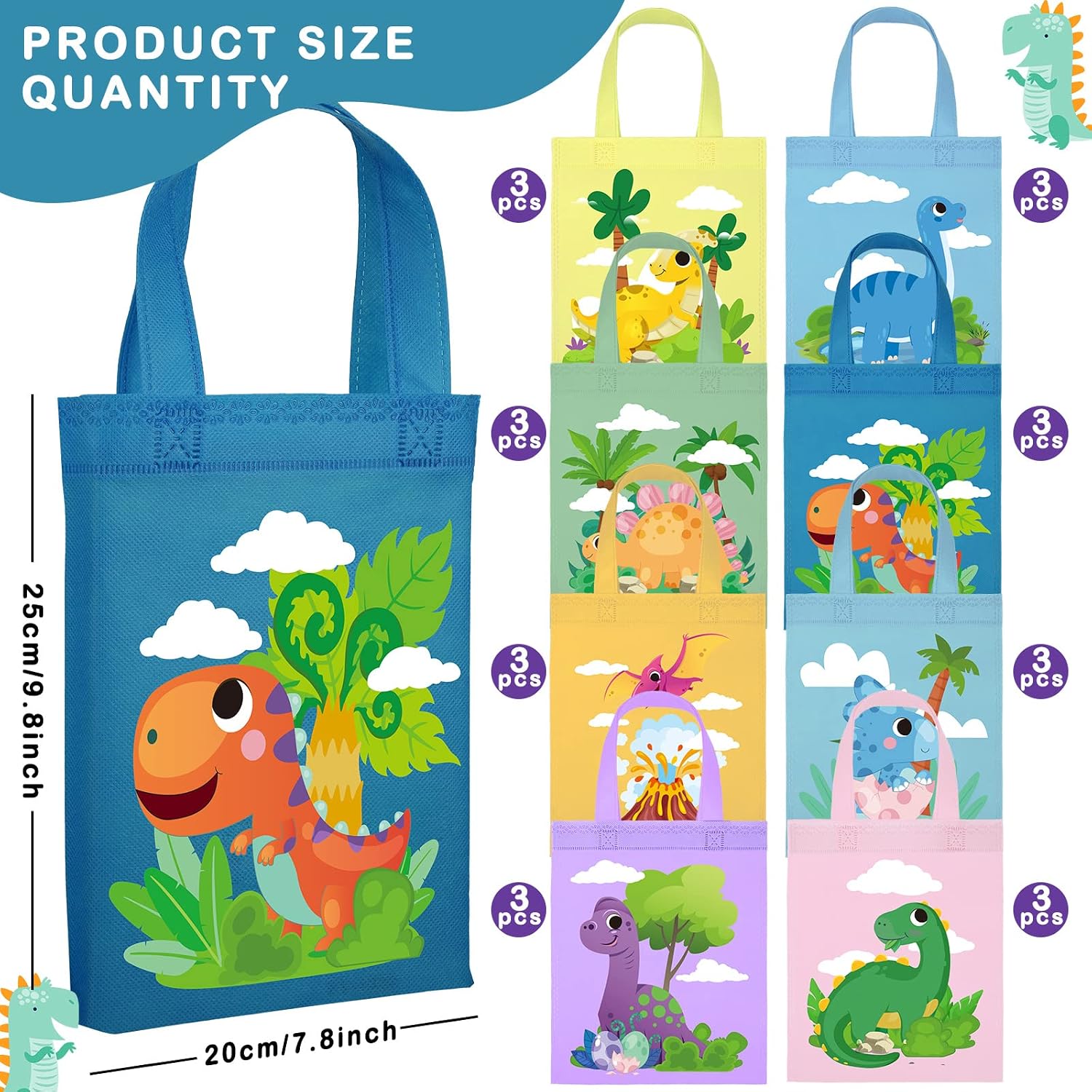 Ferraycle 24 Pcs Dinosaur Party Favor Bags with Handles Dinosaur Birthday Party Supplies Dino Non Woven Goodie Bags Reusable Gift for Kids Boys Girls Candy Goody (Cute) image 3