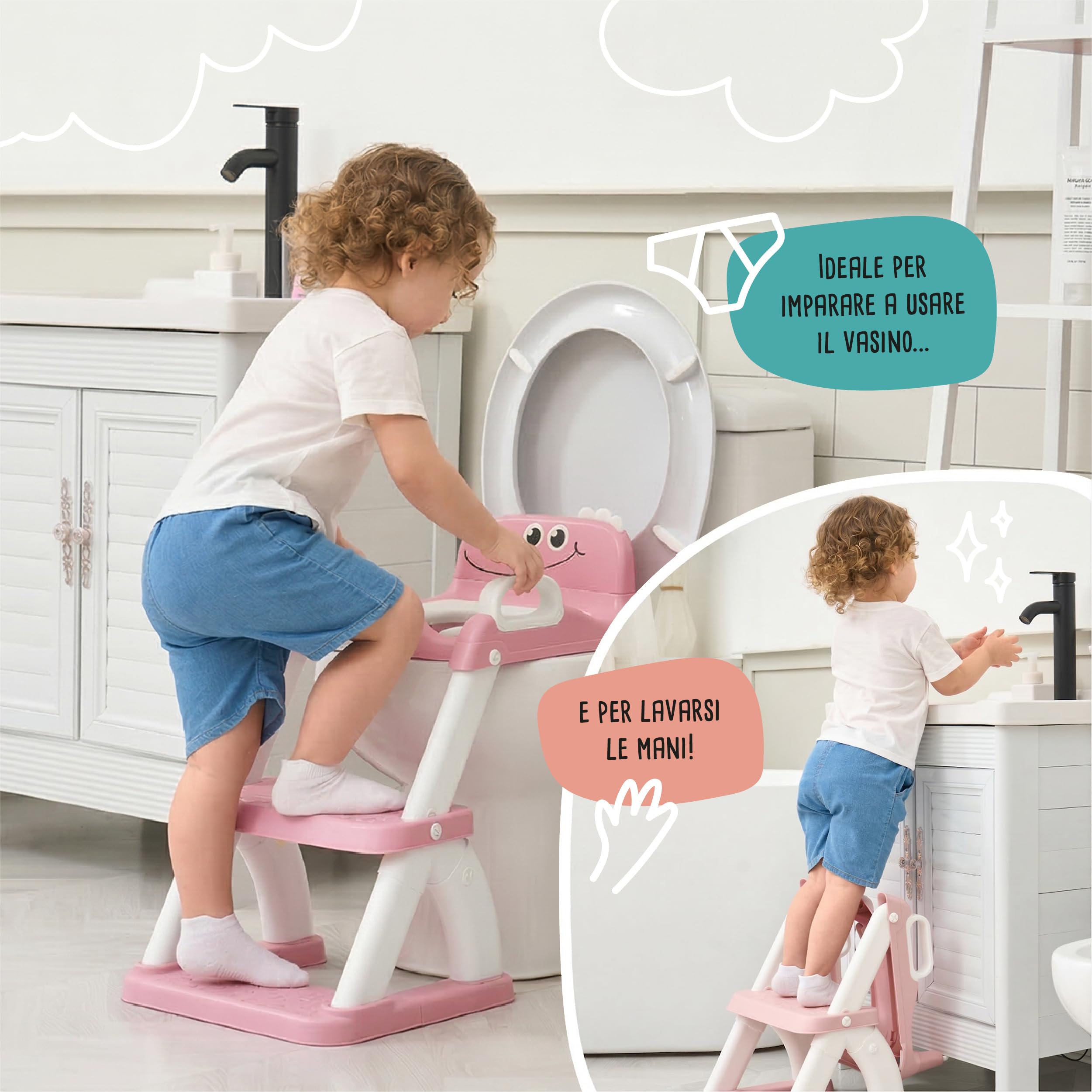 Riduttore WC Bambini con Scaletta – Sedile WC Pieghevole per Apprendimento Autonomo – Adattatore Toilette con Gradino Antiscivolo e Maniglie – Vasino Bambini