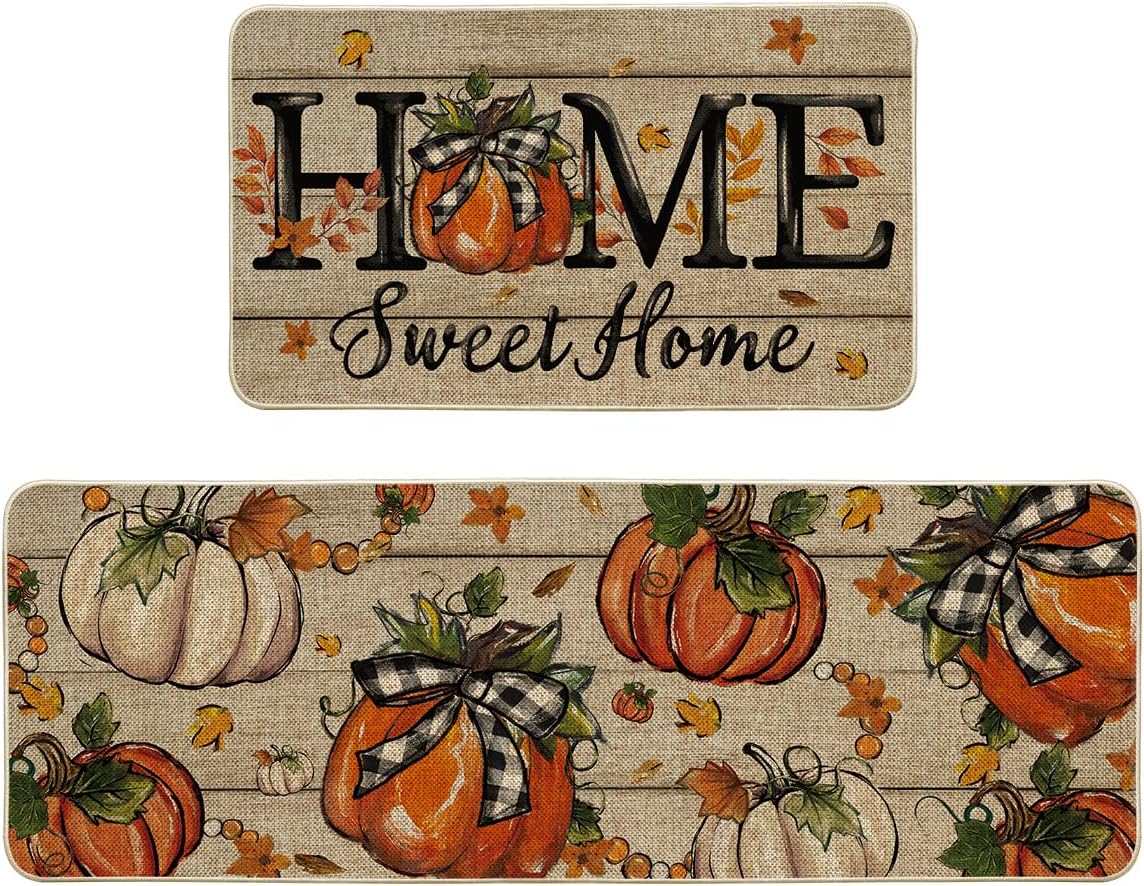 Artoid Mode Home Sweet Home Pumpkin Fall Kitchen Mats Set of 2, Autumn Home Decor Low-Profile Kitchen Rugs for Floor - 17x29 and 17x47 Inch