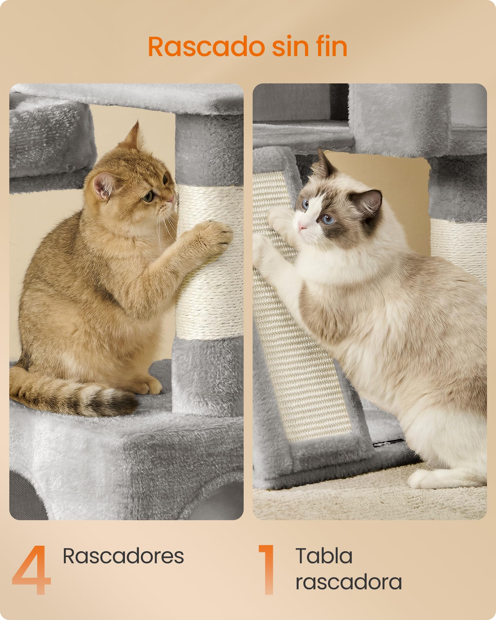 Feandrea Árbol para Gatos, Rascador de Gatos, Torre con Postes y Rampa Rascador, 3 Grandes Plataformas, 1 Cueva, 1 Hamaca, 2 Pompones, Altura 136 cm, Gris Paloma PCT012GD01