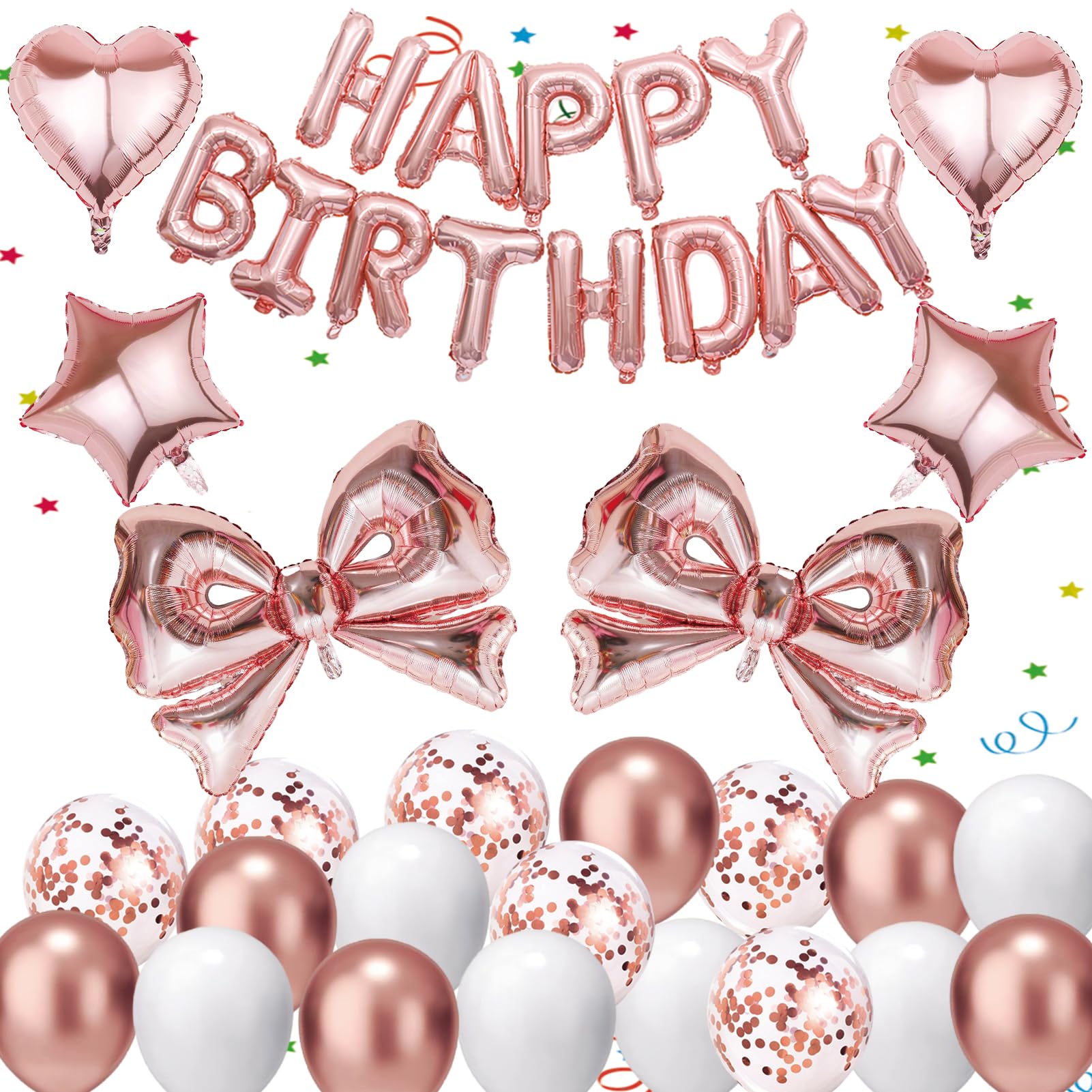 39 Stücke Luftballons Happy Birthday Ballons Rosegold Geburtstagsdeko Mädchen Frauen Geburtstagsballon Mit Schleifen/Sterne/Herzen/Konfetti-Ballons Birthday Decorations Für Kinder Erwachsene