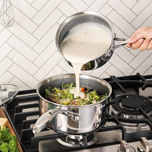 Miniatura 6 de DELUXE Juego de 6 ollas antiadherentes híbridas de 1.3, 3 y 5.4 cuartos de galón con tapa de vidrio templado, ollas de acero inoxidable con mango