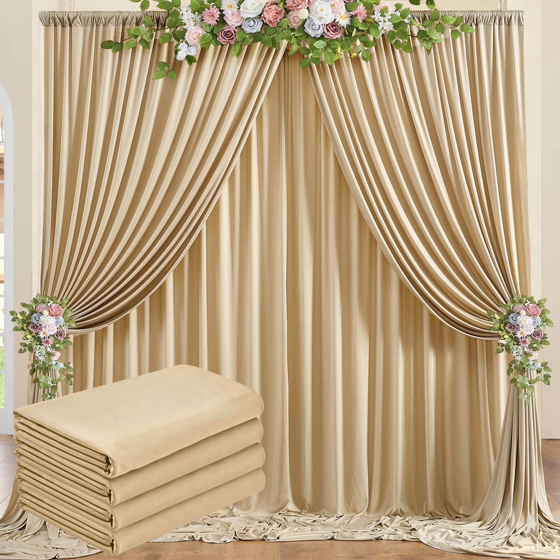 4 Stücke 1,5×3cm Beige Hintergrund Vorhänge für Hochzeit Party 100% Polyester Falten freie Beige Hintergrund Vorhänge für Geburtstag Taufe Baby Dusche Braut Dusche Fotowand