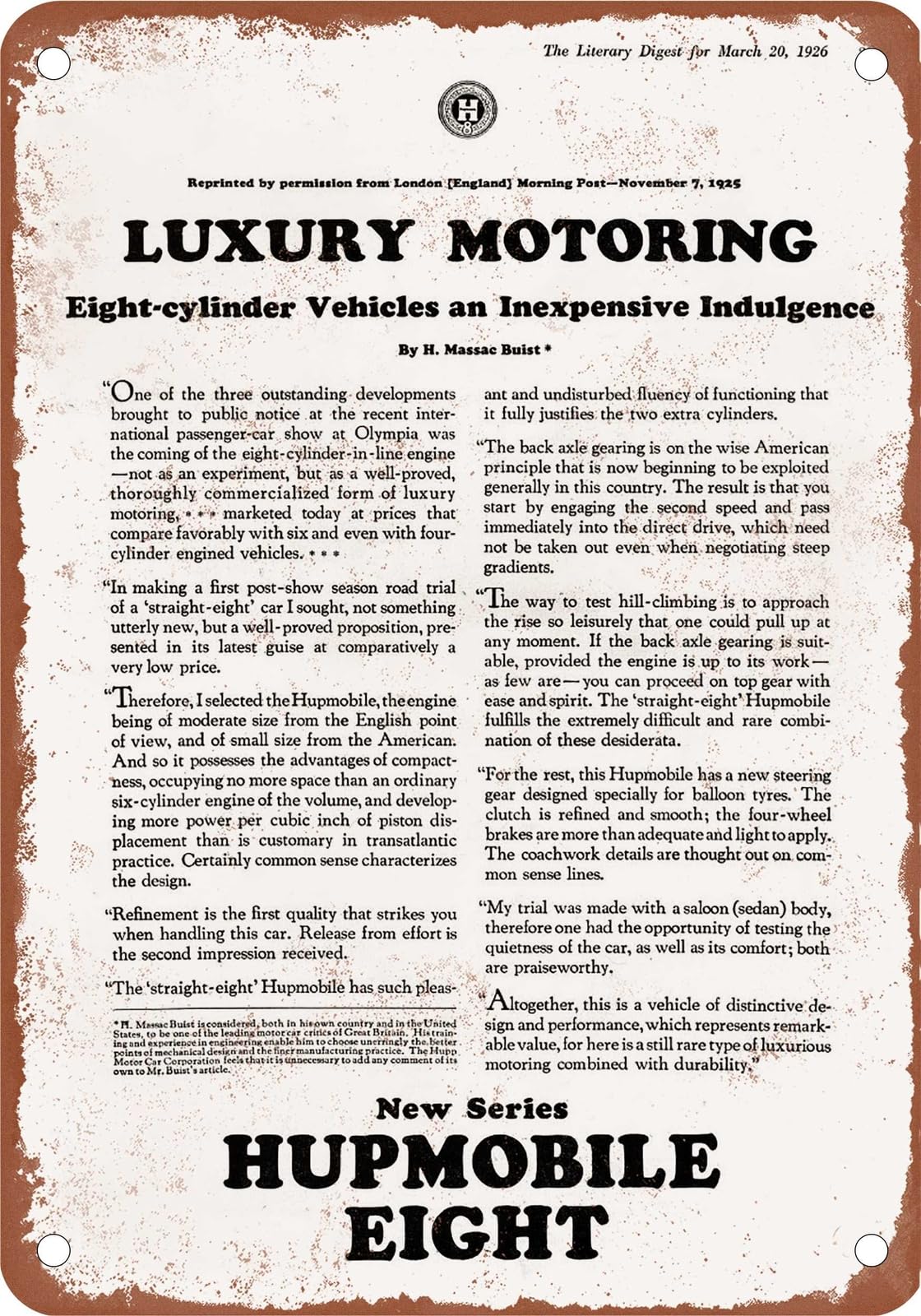 Miaomansenstore Metal Sign - 1926 Hupmobile Vintage Ad 02 - Old Retro Rusty Look Home Decor