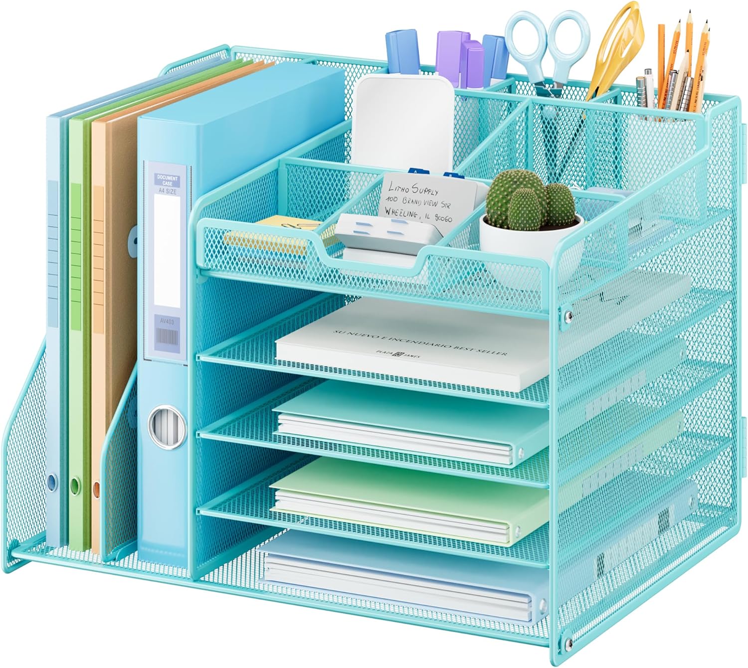 Lavatino 5-Tier Desk Organizer with 2 File Holders, Metal Adjustable Paper Letter Tray for Office or Home Desk Organizers and Accessories | 7 Flexible Dividers Keep Workspace Supplies Neat, Blue