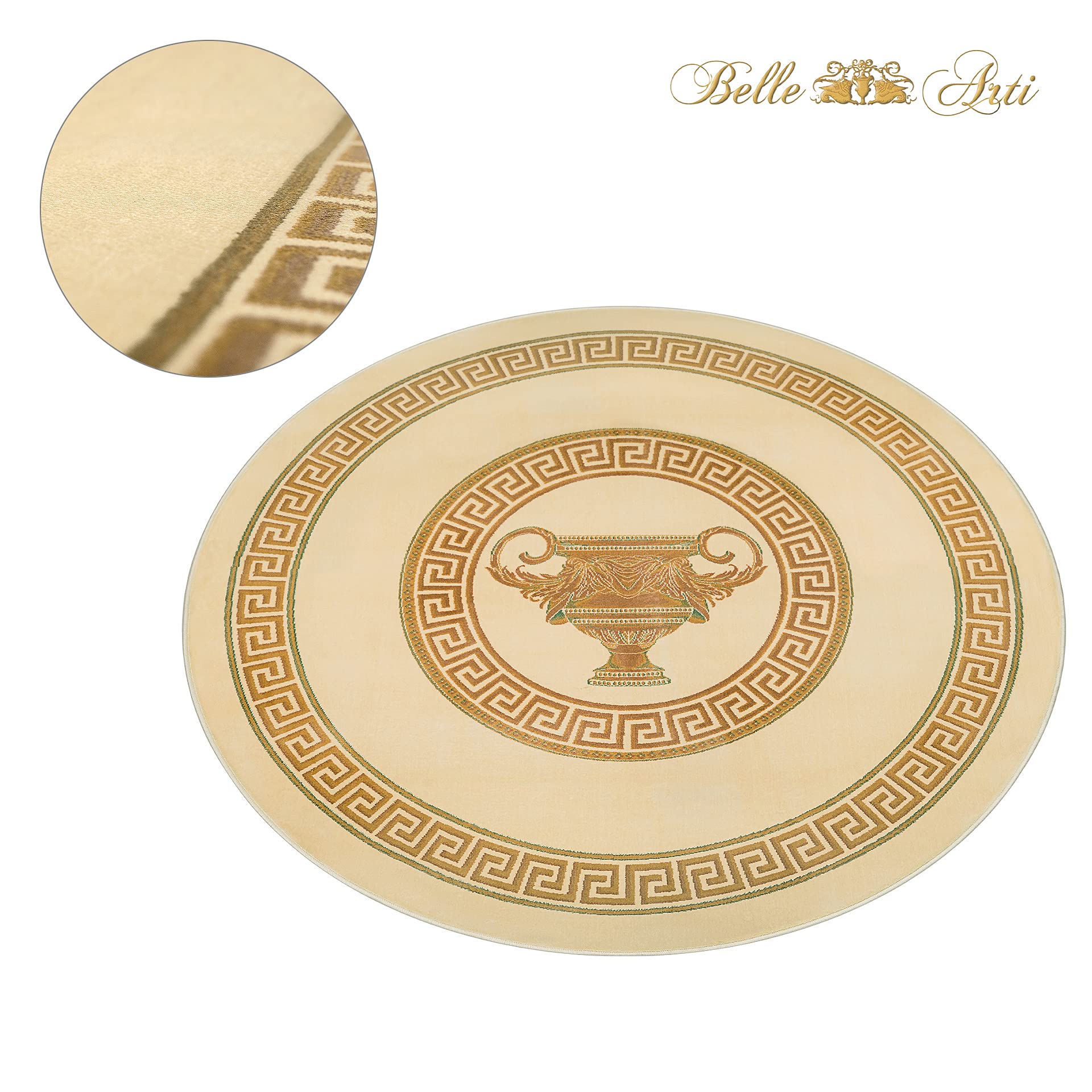 Runder Teppich in beige gold 150 Durchmesser Mäander Amphore Muster mit Fransen Wohnzimmer Schlafzimmer Flur Rund - Kurzflor 100% Viskose weich rutschfest öko tex - creme beige, 150 cm, Rund