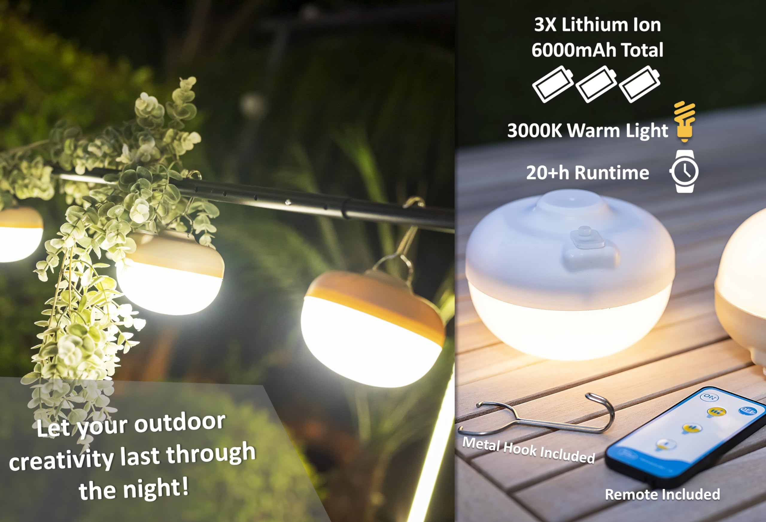 Newgarden Lanterna da campeggio senza fili con luce di ciliegia, ricaricabile tramite USB, potente 900 lumen, protezione IP54, interno/esterno, 3 intensità, telecomando, gancio in metallo, base