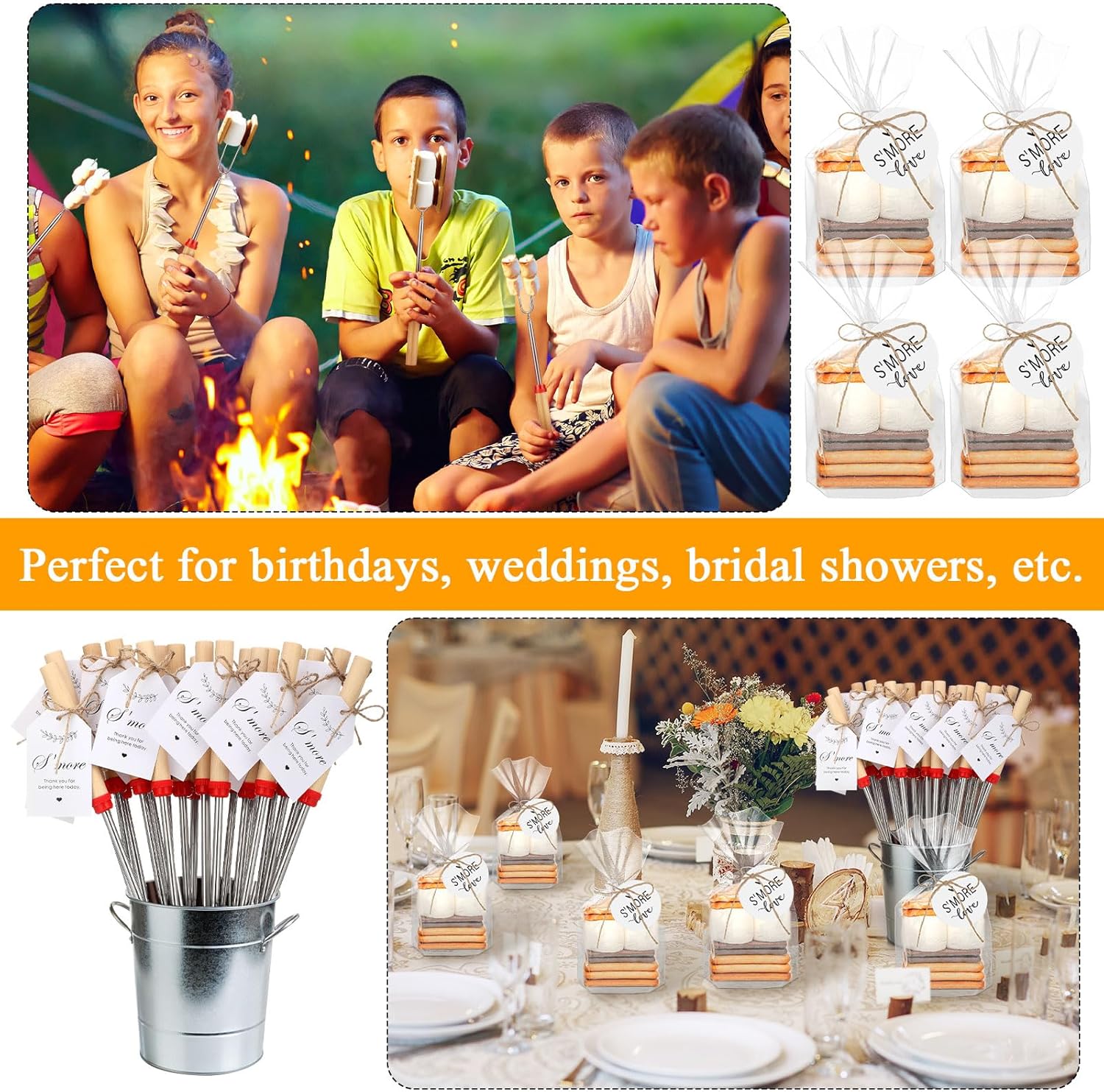 148 Pcs S'mores Kit Party Favor Smores Sticks for Fire Pit Bonfire Birthday Party Decorations Extendable Roasting Stick Clear Cellophane Bags for Camping Bonfire Wedding(Classic)
