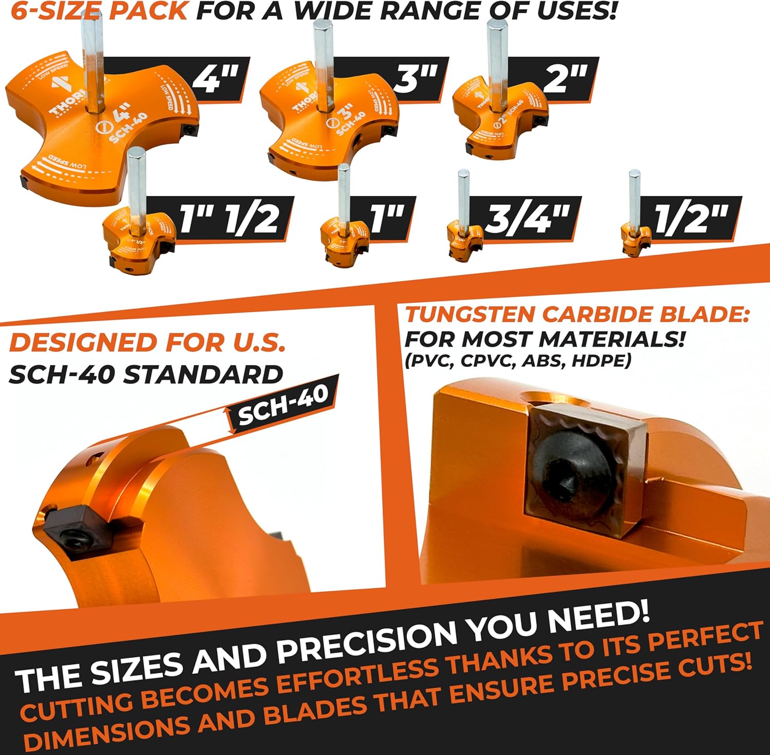 THORVALD PVC Pipe Reamer TriForce - 7 Sizes with Tungsten Carbide Blades - Video Tutorial + User Guide - 3 Blades PVC Fitting Saver for Plumbing - Tool Sizes: 1/2" ; 3/4″ ; 1″ ; 1-1/2″ ; 2″ ; 3″ ; 4″