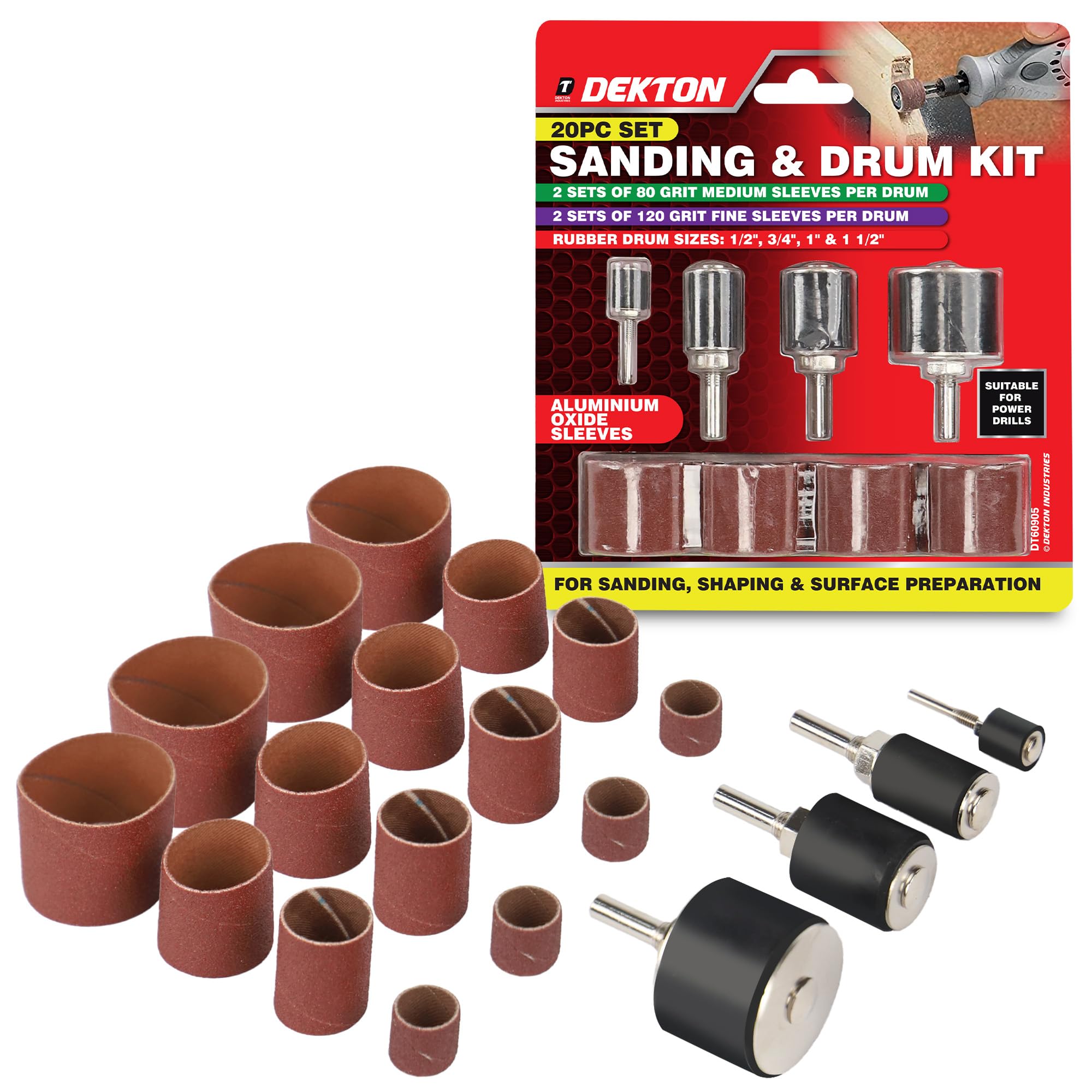 Dekton 20pc Sanding Drum Set Rotary Tool Sleeves Mandrels Wood Metal DIY Kit