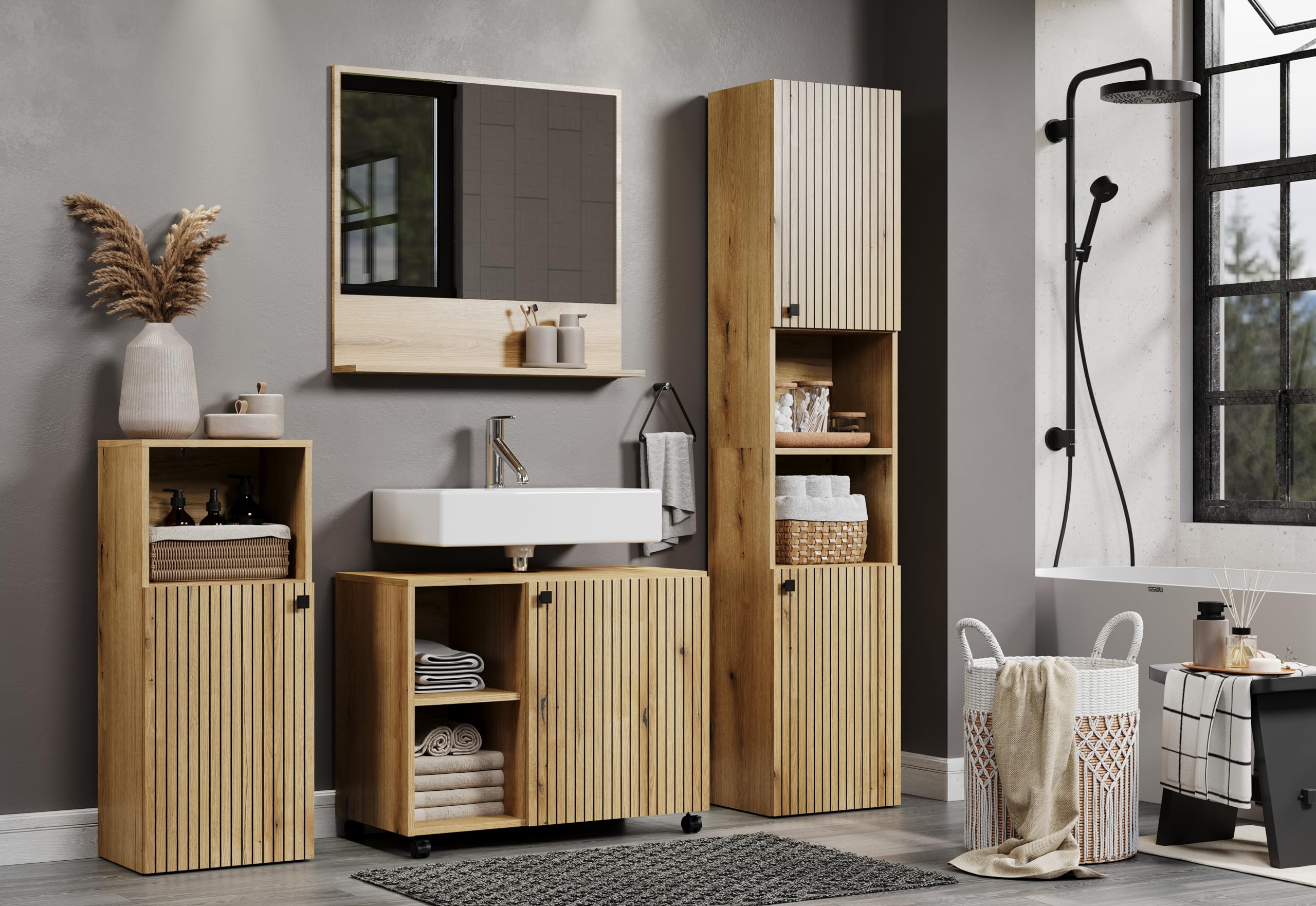 trendteam smart living - PureBliss - Kommode - Eiche - Badschrank in angesagter Rillenoptik - (BxHxT) 40 x 95 x 31 cm - schwarzer Metallgriff - 1 offenes und 2 geschlossene Fächer - kratzfest