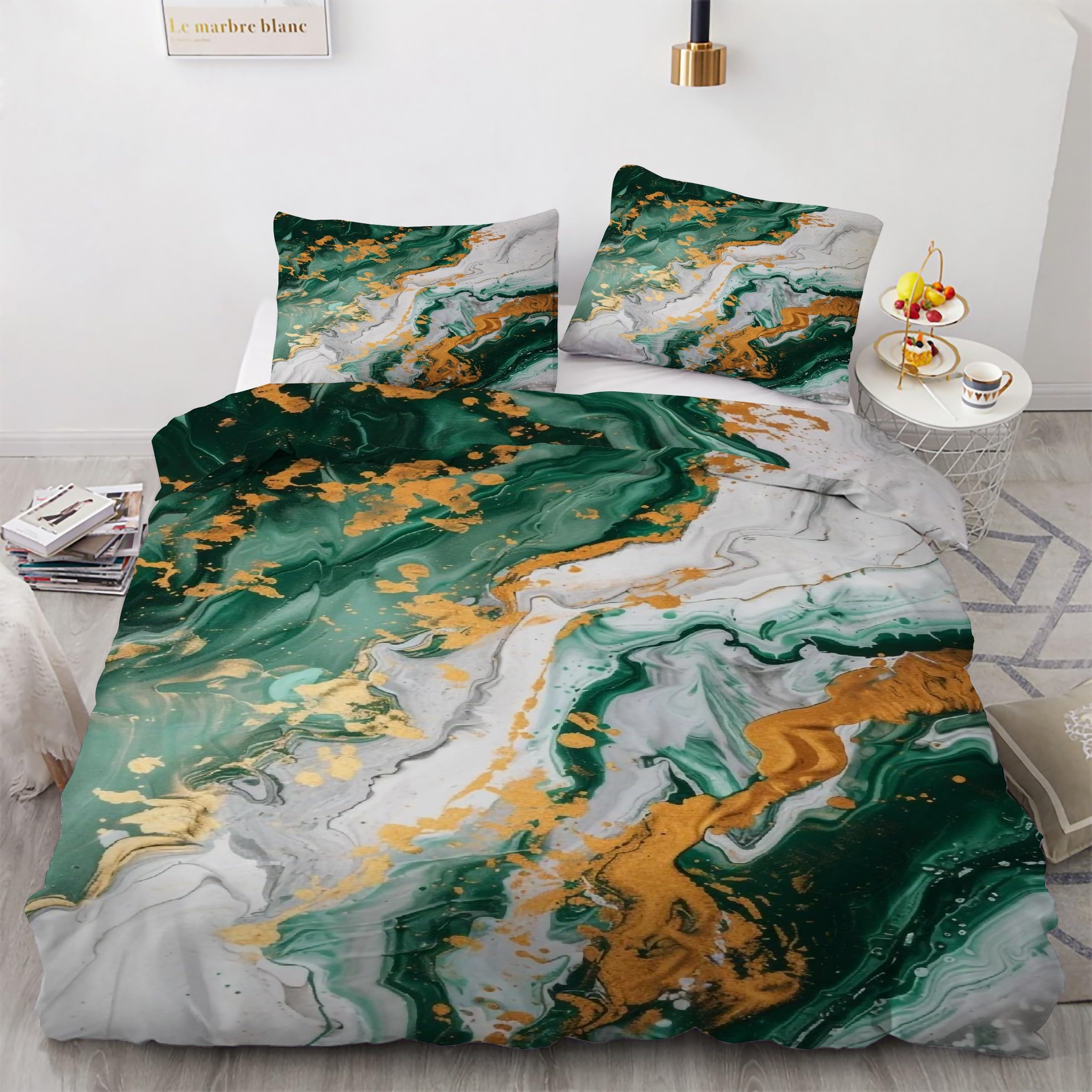 Housse de Couette 240 x 260 Vert Parure de Lit Marbre Ensemble de Literie 3 Pièces KG4152