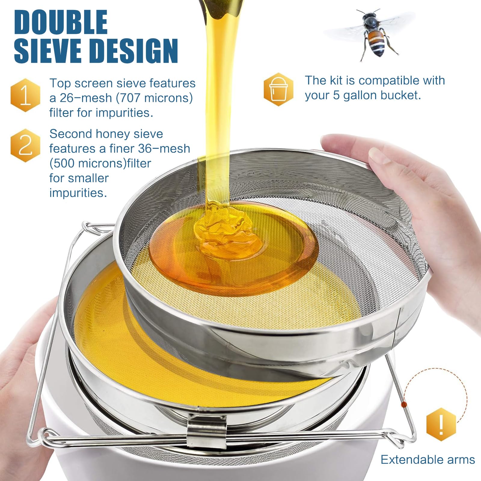 ZONSUSE Passoire à Miel en Acier Inoxydable, Filtre à Double Tamis, Outils D'extraction D'abeilles avec Poignées Réglables, Équipement D'apiculture, Extraction de Miel, Idéal pour les Apiculteurs