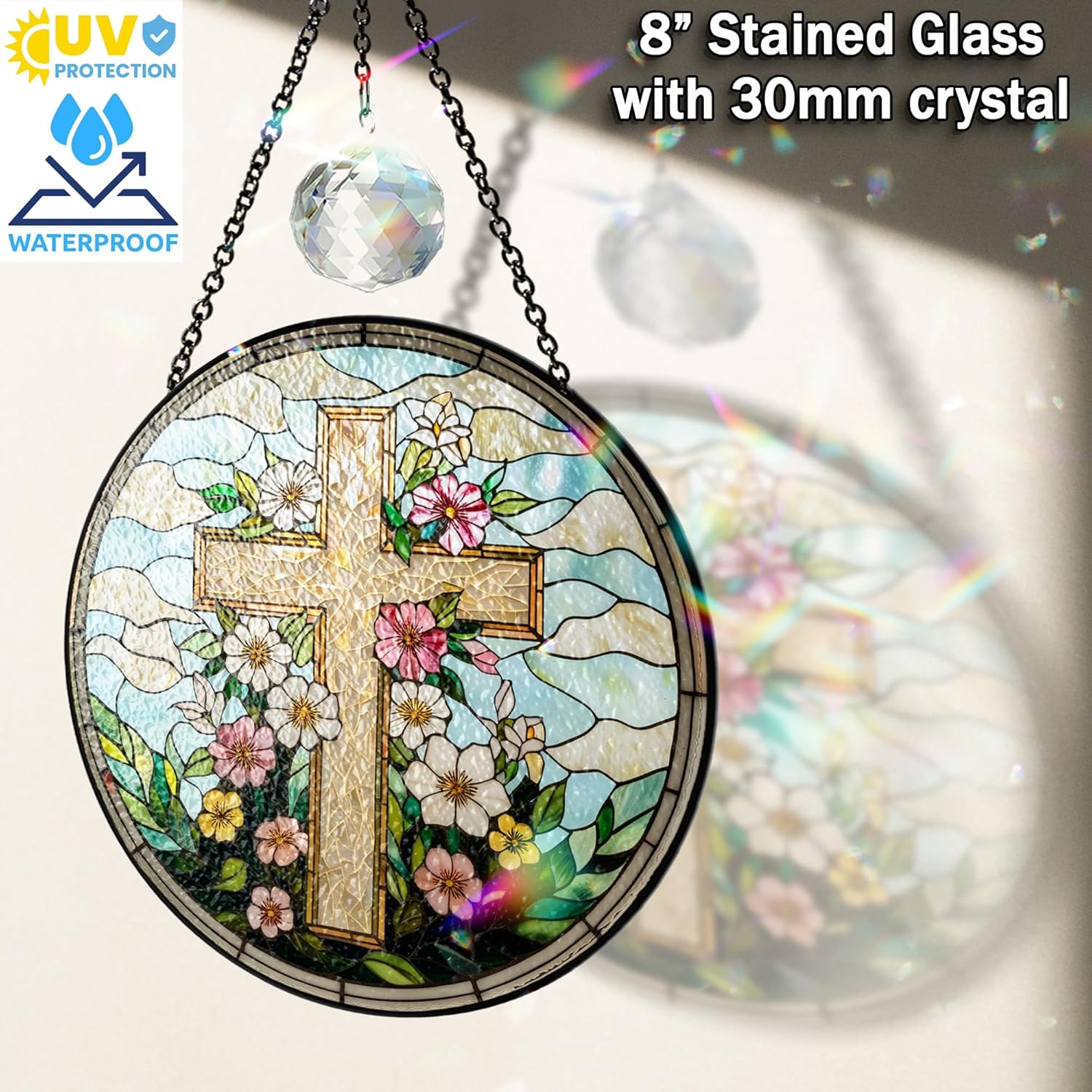 7.8" Christian Cross Wildflower Stained Glass Suncatcher, Thank You Card with Bible Verse, Spiritual Floral Suncatcher Window Hanging, Religious Faith Gift for Women Mom, Prayer Room Decor ART-09E - Image 2