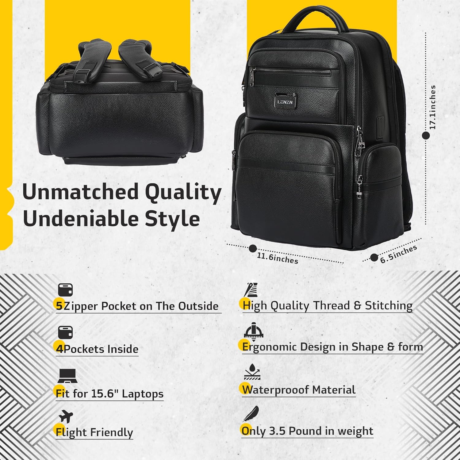 LENZN Durable Leather Laptop Business Backpack Perfect for Men & Women, Work Backpack Fits 15.6 Inch, Premium Quality Travel Bag with USB Charging Port, Water-Resistant, Bookbag with Multiple Pockets
