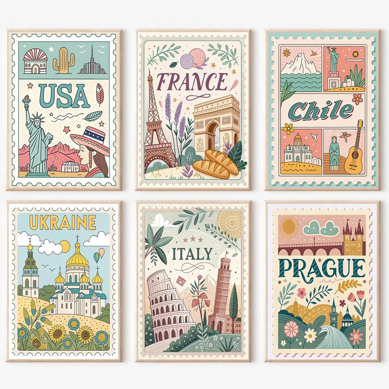 JATOK 6 Pcs Paint by Numbers for Adults Kits, Famous Scenery Stamp-Style Painting Kits for Beginners on Canvas, Easy DIY Acrylic Pigment Drawing Paintwork for Home Wall Decor, 25x35cm/9.8x13.7in