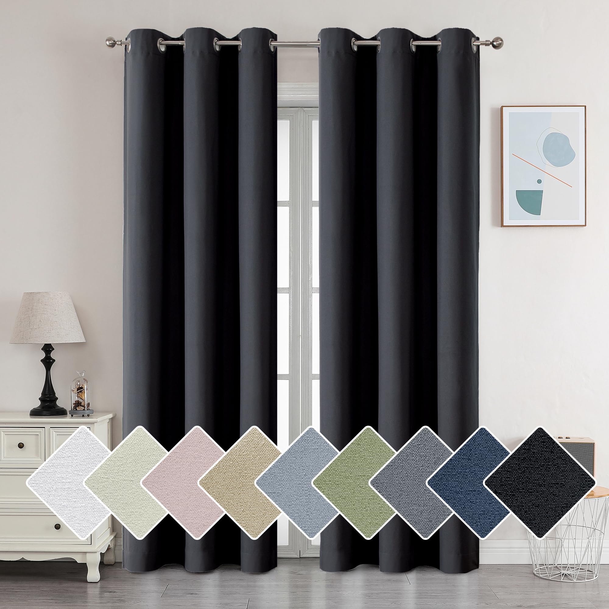 Aiyufeng Nika Black 100% Blackout Curtains 84 Inches Length 2 Panels Set, Completely Blackout Window Treatment Thermal Insulated Grommet Solid Drapes for Kitchen/Bedroom (1 Pair, 38 W x 84 L)