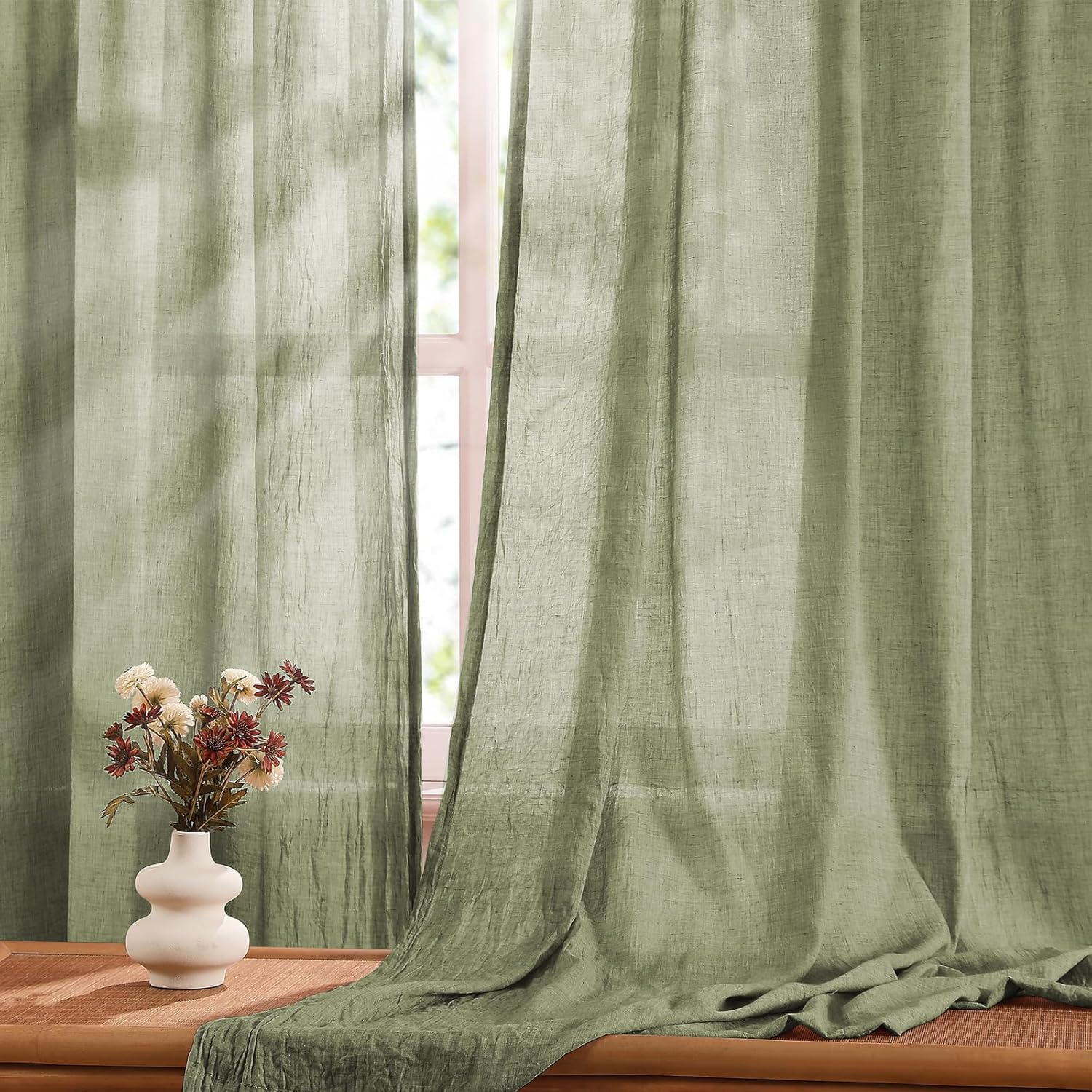 Melodieux Sage Green Sheer Curtains 84 Inches Long for Bedroom Living Room Natural Cotton Linen Light Filtering Window Sheers, Rustic Rod Pocket Lightweight Curtain Drapes, 52" W x 84" L, 2 Panels