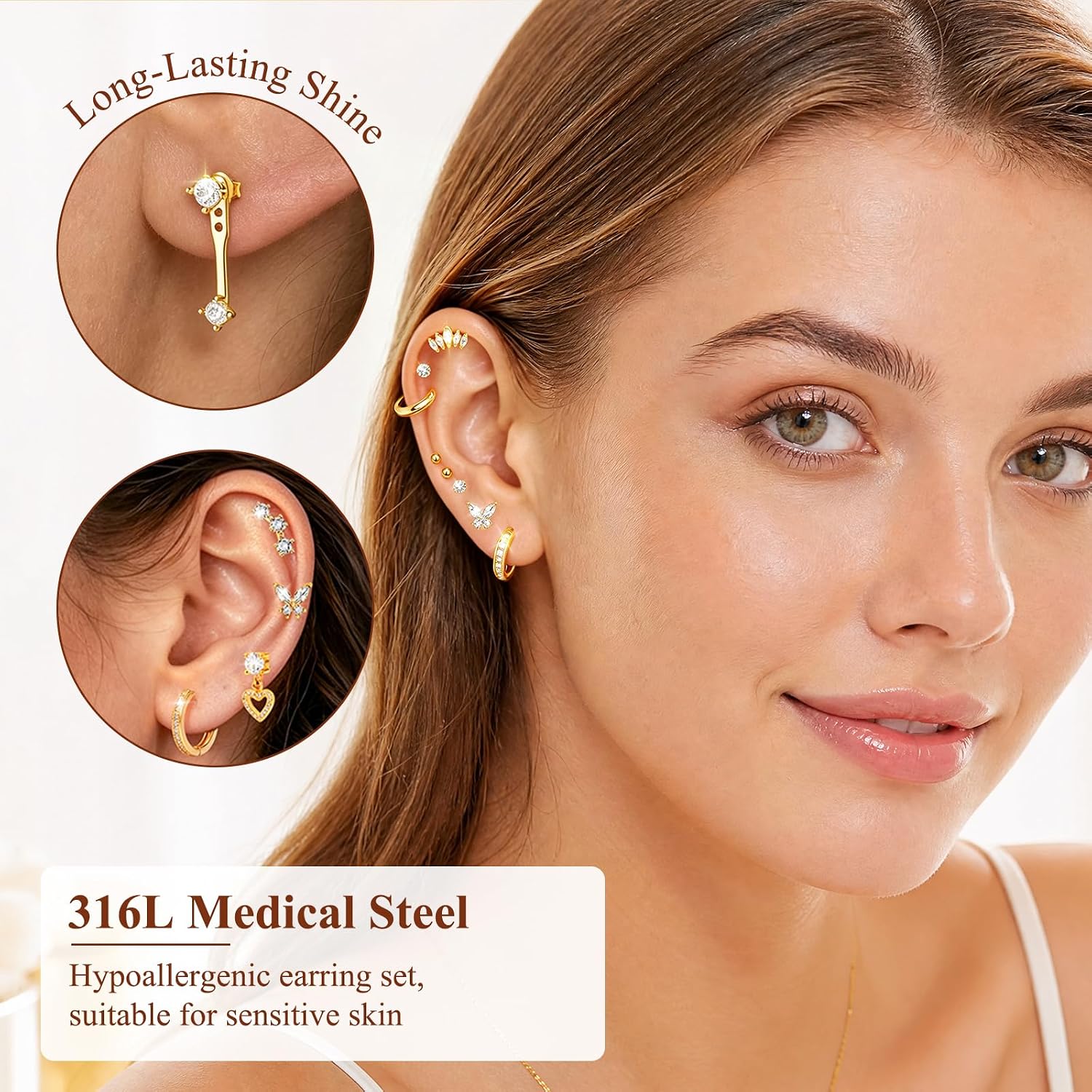 Pack of 20 Helix Ear Piercing Surgical Steel, Earrings Set Gold Silver, 316L Medical Hoop Studs, Hypoallergenic, Conca Elice Tragus Ear Piercing, Gold and Silver image 5