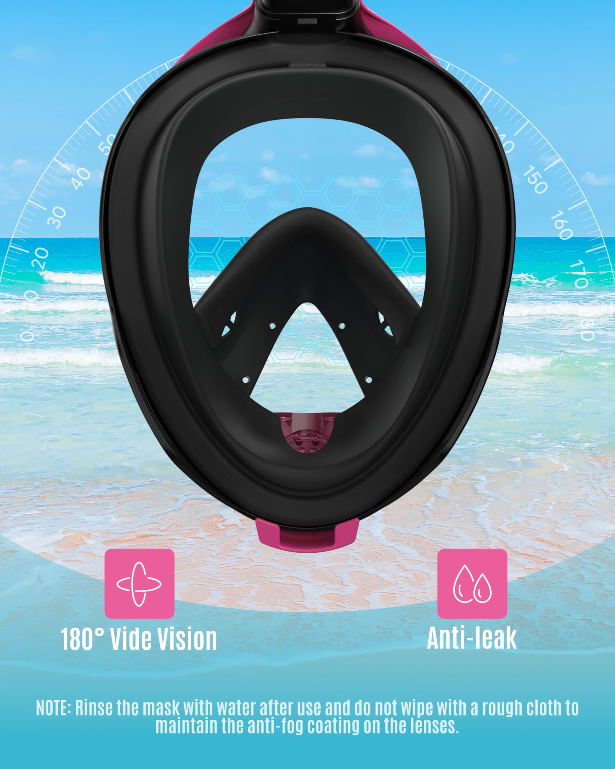 G2RISE Máscara de esnórquel para adultos, máscara completa con soporte para cámara extraíble, absolutamente seguro para el CO2 (negro, rosa, S/M)