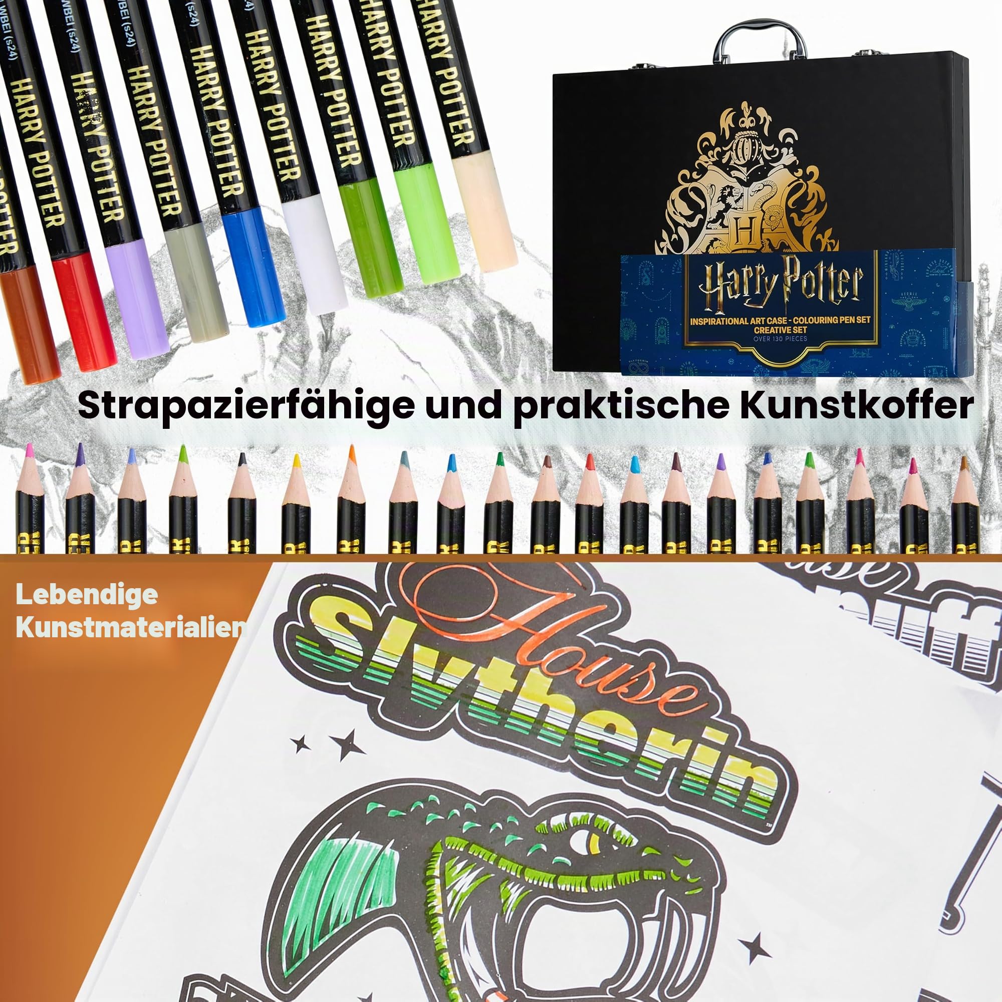 Harry Potter Malkoffer, Malset für Kinder mit Wachsmalstifte, Buntstifte, Filzstifte und Reisekoffer, Geschenke für Kinder (Schwarz)
