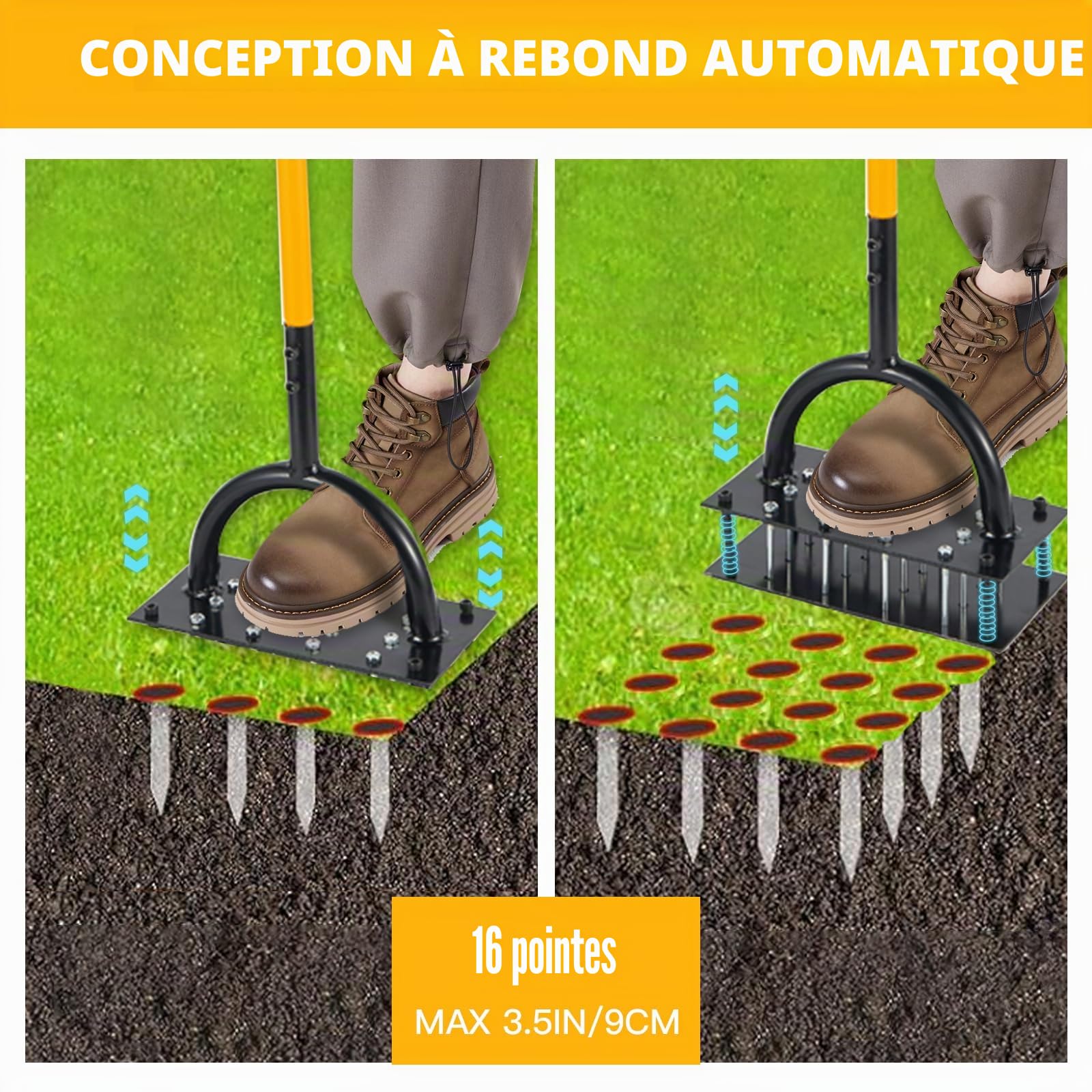 Rocky&Chao Aérateur Manuel pour pelouse – Outil de Jardin à Double Plaque avec 16 Pointes et 4 Ressorts, poignée en T, idéal pour sols compacts et Entretien du Gazon