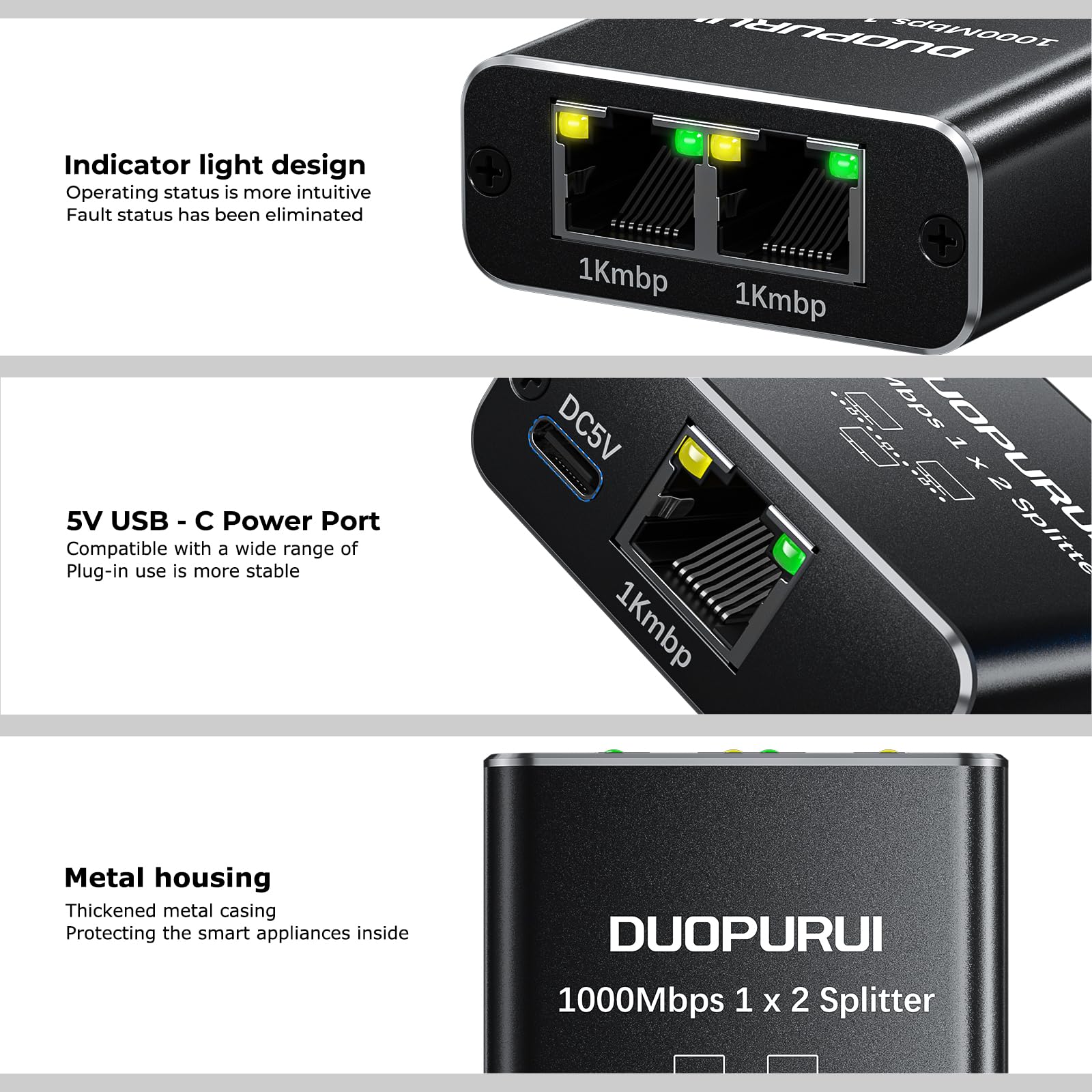 Ethernet-Splitter, 1 auf 2.1000 Mbps, Hochgeschwindigkeits-Netzwerk-Splitter, LAN-Splitter, 2 Anschlüsse mit USB-Stromkabel, für Cat-5/5e/6/7/8-Kabel [2 Geräte gleichzeitige Vernetzung