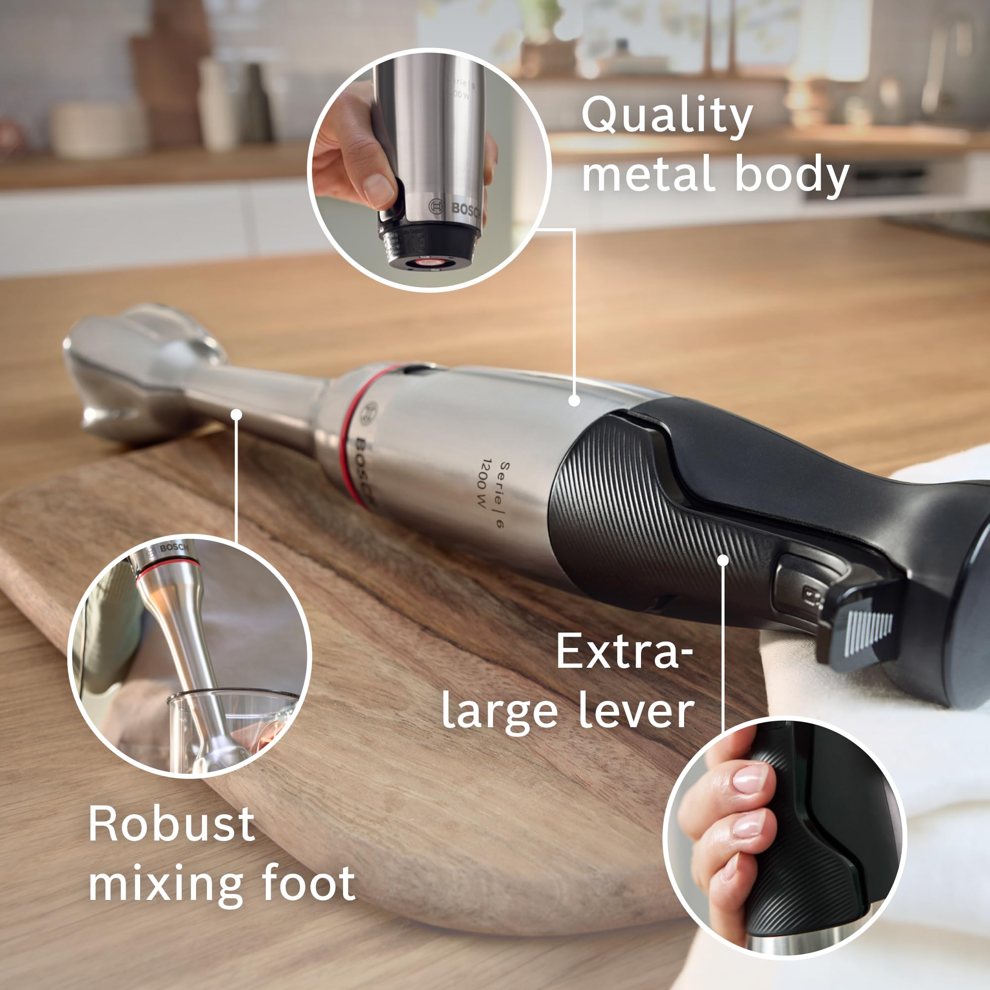 Bosch Stabmixer ErgoMaster Serie 6, mit Mixbecher, 4 Edelstahlklingen, verschleißfreie Keramikkupplung, langlebig, Luftkühlung, leistungsstark, 1200W, MSM6M810
