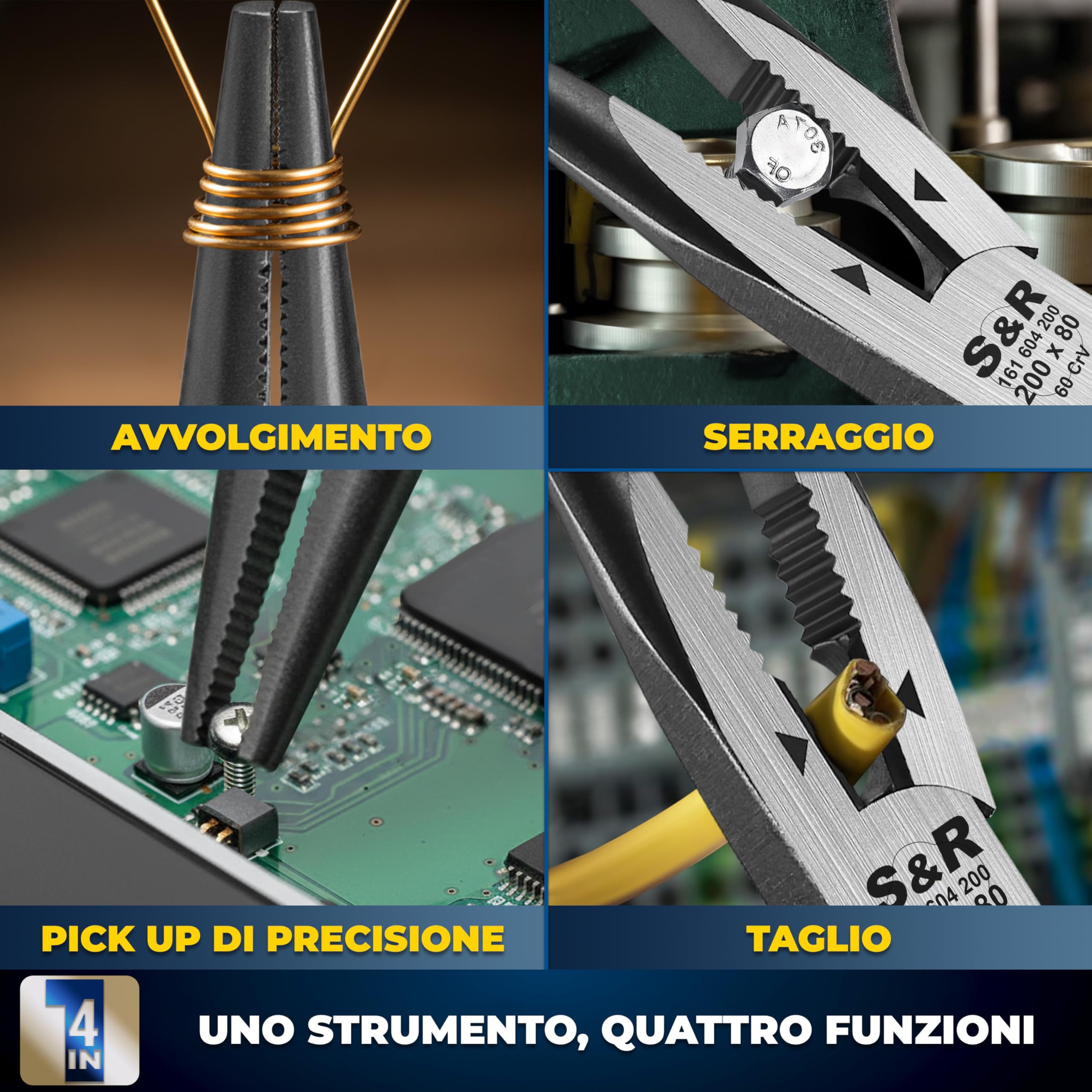 S&R Pinze a becco lungo certificate VDE. Pinza elettricista in acciaio al cromo-vanadio fosfatato.