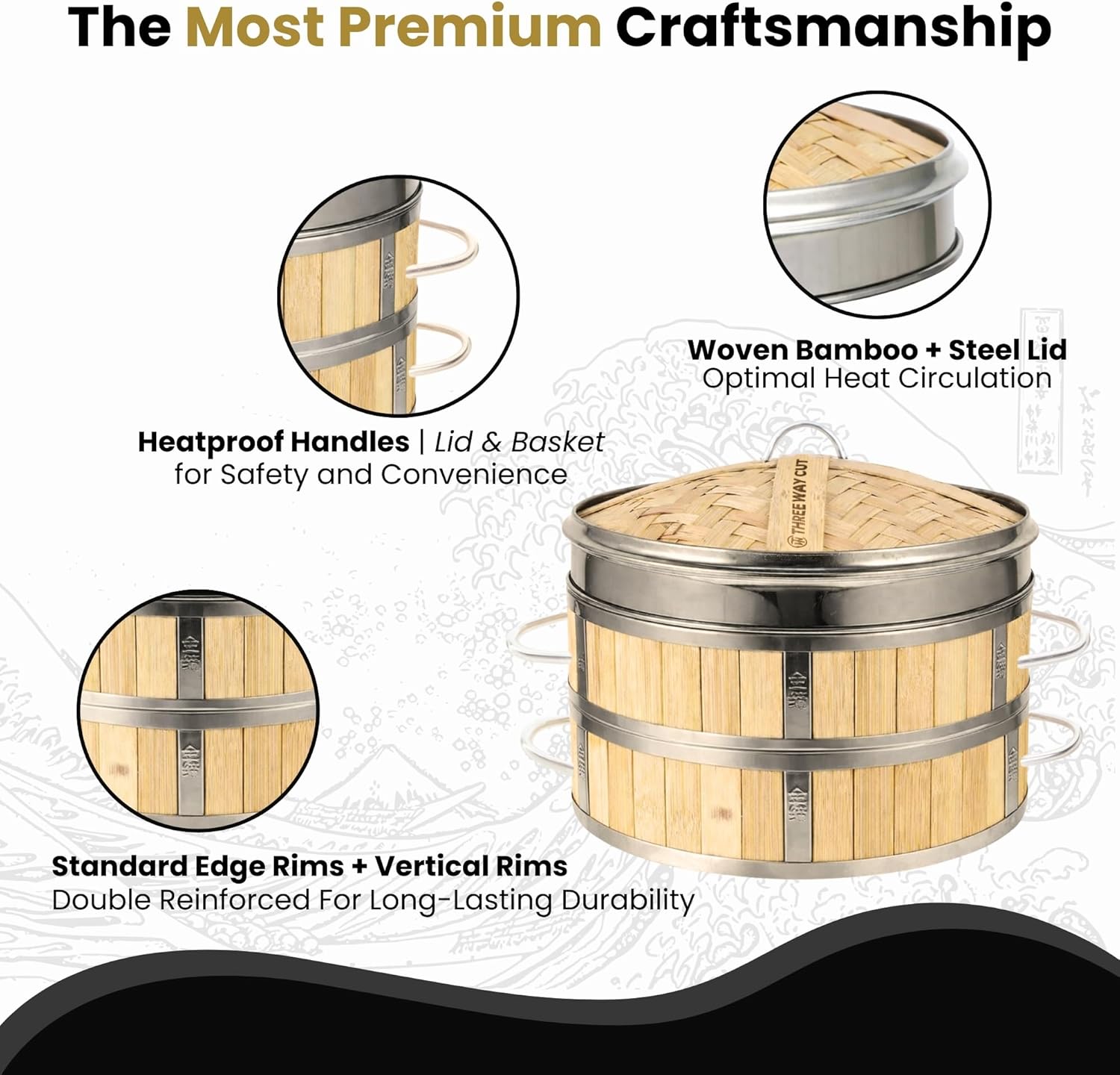 Bamboo Steamer 10" - Heavy-Duty Dumpling Steamer Basket, 2 Tier Bamboo Steamers for Cooking & Steaming Dim Sum, Bao Bun, Gyoza, Shumai & Vegetables - 10 Inch Steam Baskets with Handles & Accessories Set
