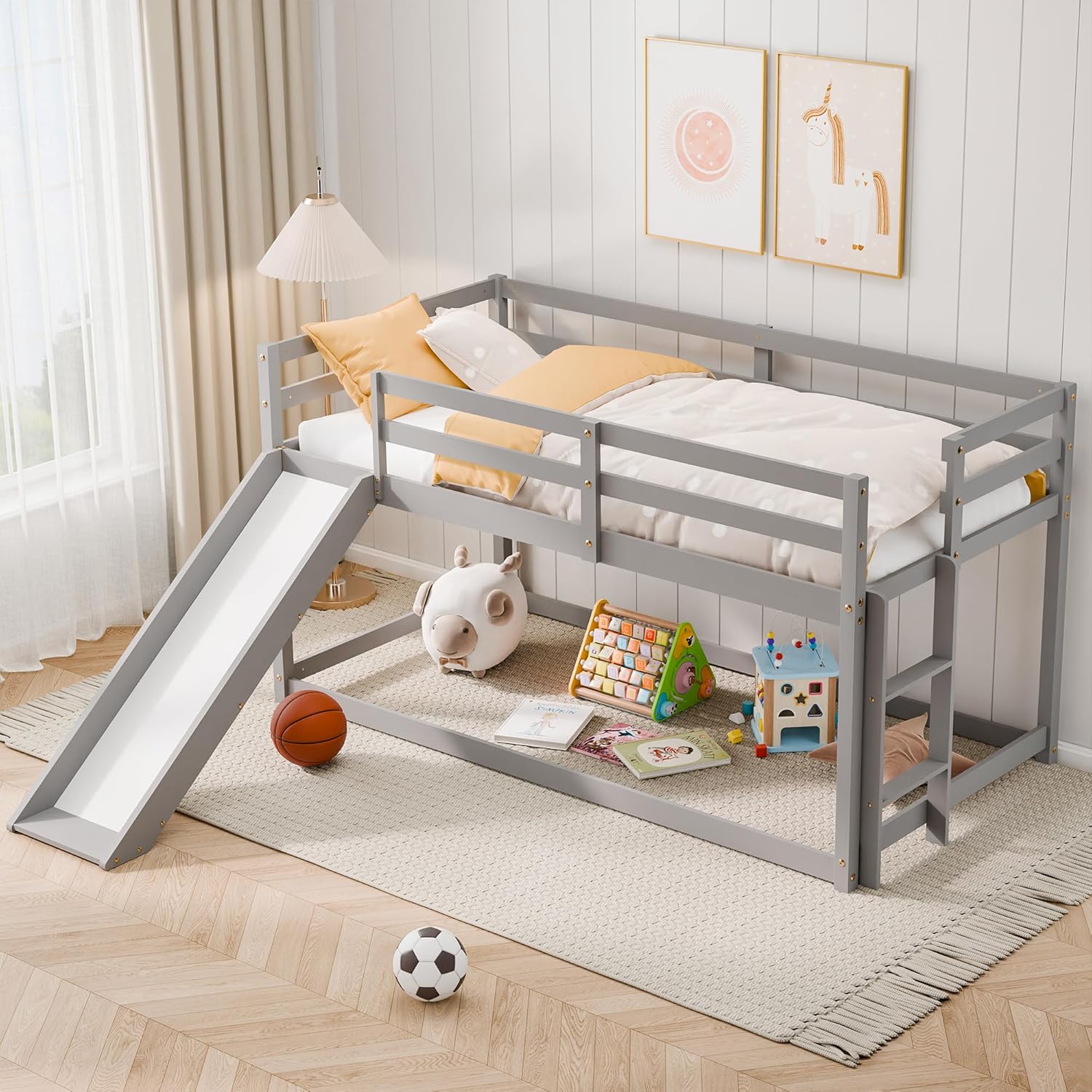 Kids Twin Loft Bed with Slide and Ladder, Solid Pine Wood Bunk Bed Frame for Toddlers, Floor Loft Low Bunk Bed Twin Over Twin with Safety Guardrails and Storage Space for Bedroom, Grey