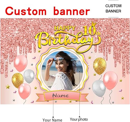 Miniatura 2 de Telón de fondo personalizado de feliz cumpleaños número 10, decoraciones de cumpleaños de 10 años, suministros de fiesta para niña, oro rosa