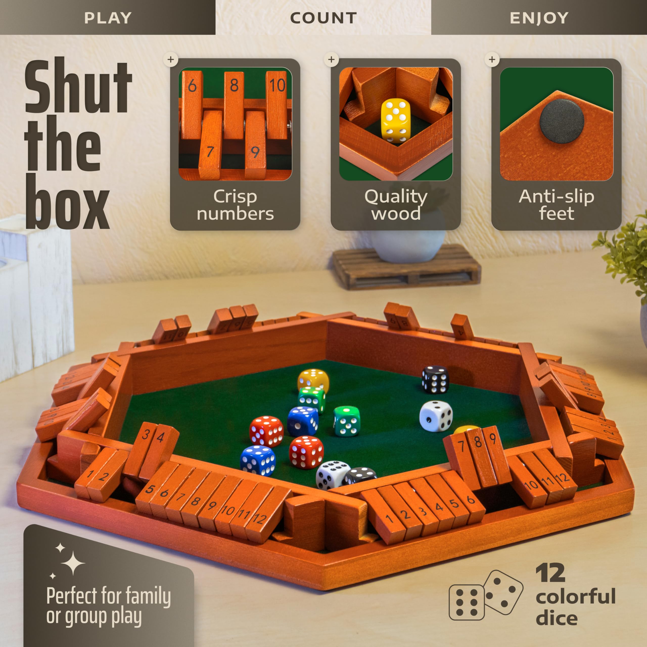 Queensell Shut The Box Game Wooden Board for 1-6 Players, 16-inch Shut The Box Game 12 Numbers for Adults & Kids - Image 2