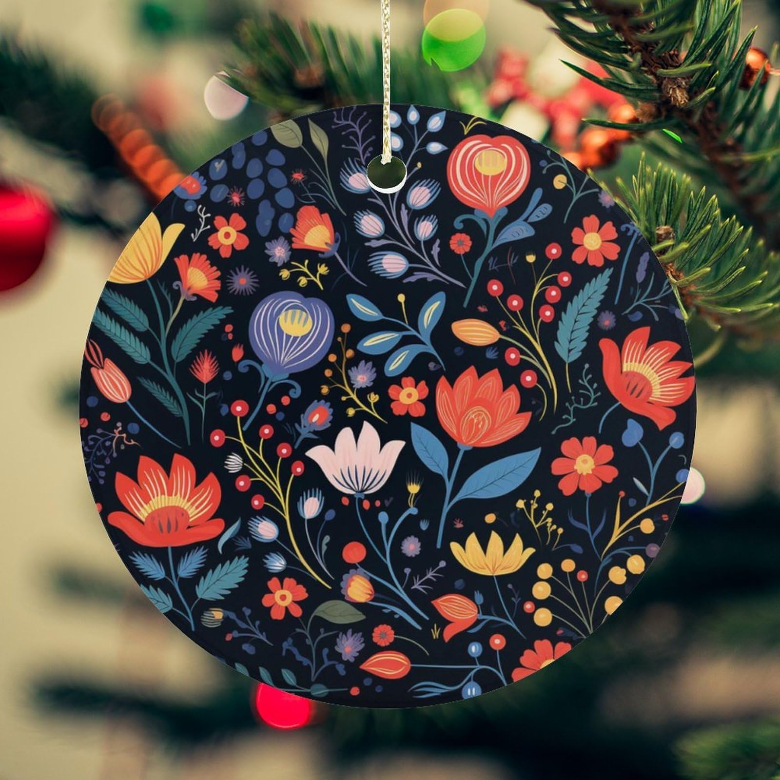 Bright Flowers Christmas Ornament for Christmas Tree Ceramic Round Ornament Winter Holiday Keepsake Gift 2.7" Christmas Tree Hanging Decorations Circle Ceramic Pendant Xmas Gift