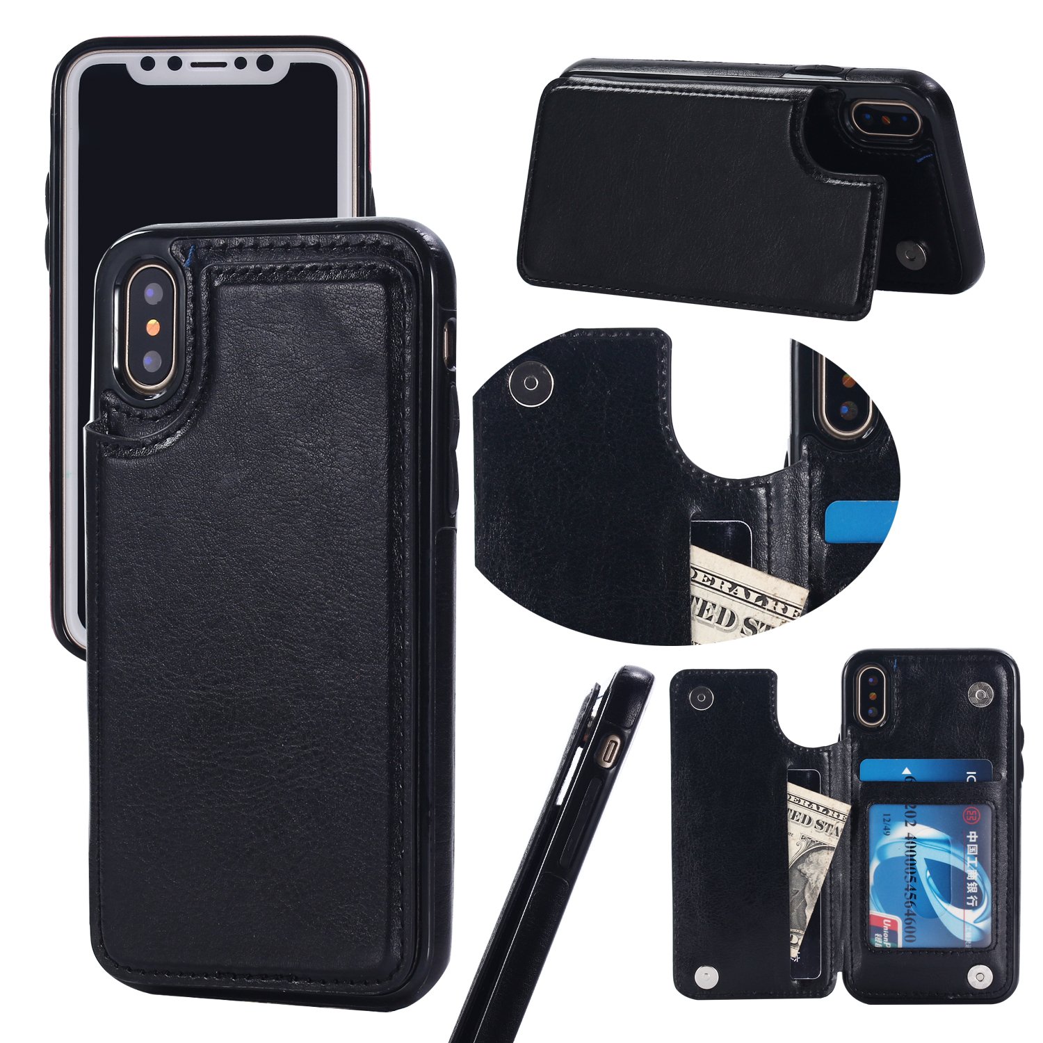 UEEBAI Custodia IPhone XS Max In Pelle PU Di Lusso Con Porta Carte E Supporto - Flip Cover Con Doppia Chiusura Magnetica E Slot Porta Tesserini - Grigio Goffrato