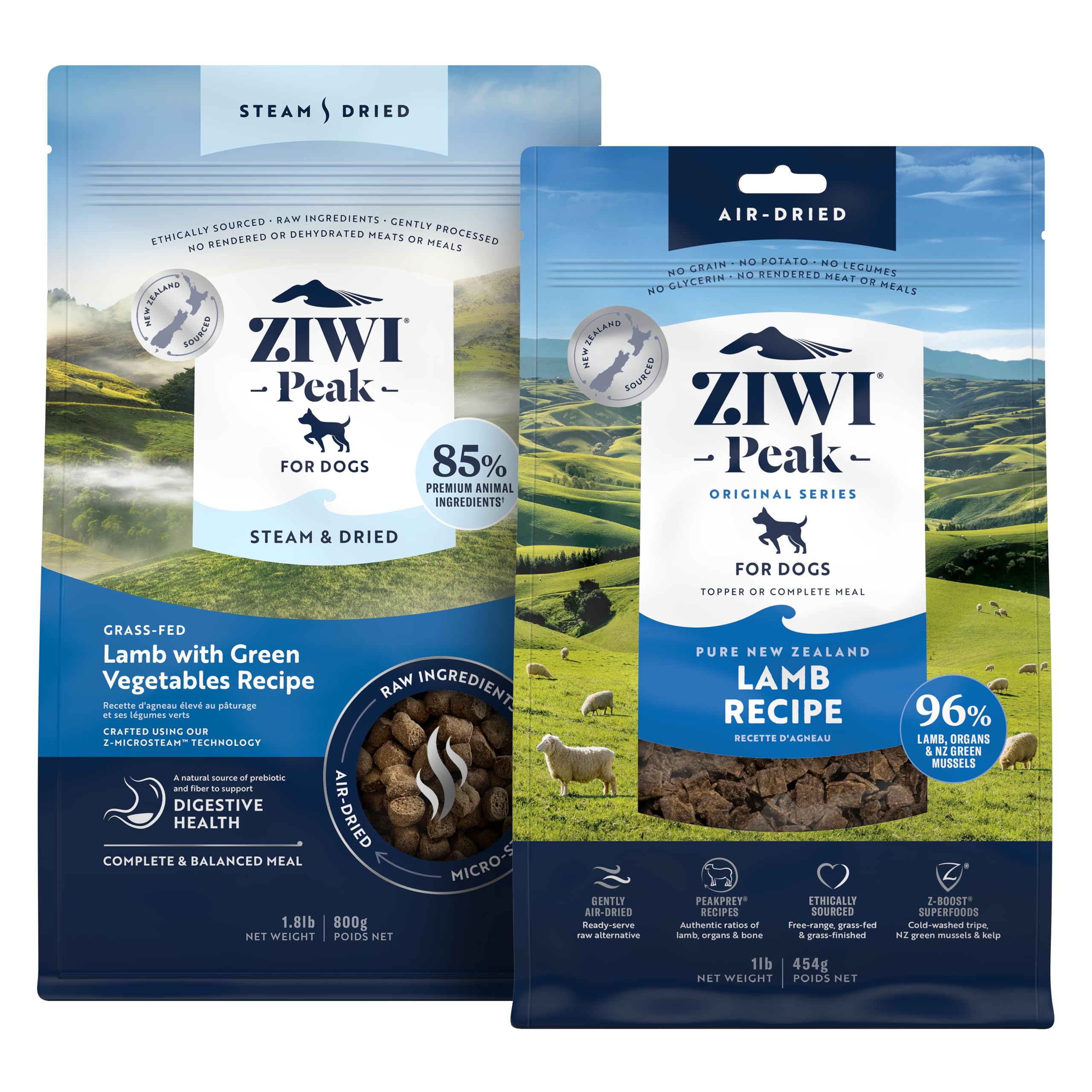 ZIWI Peak Lamb Dry Dog Food Bundle- Steam & Dried Lamb w/Vegetables (28.8oz) + Air-Dried Lamb (16oz)