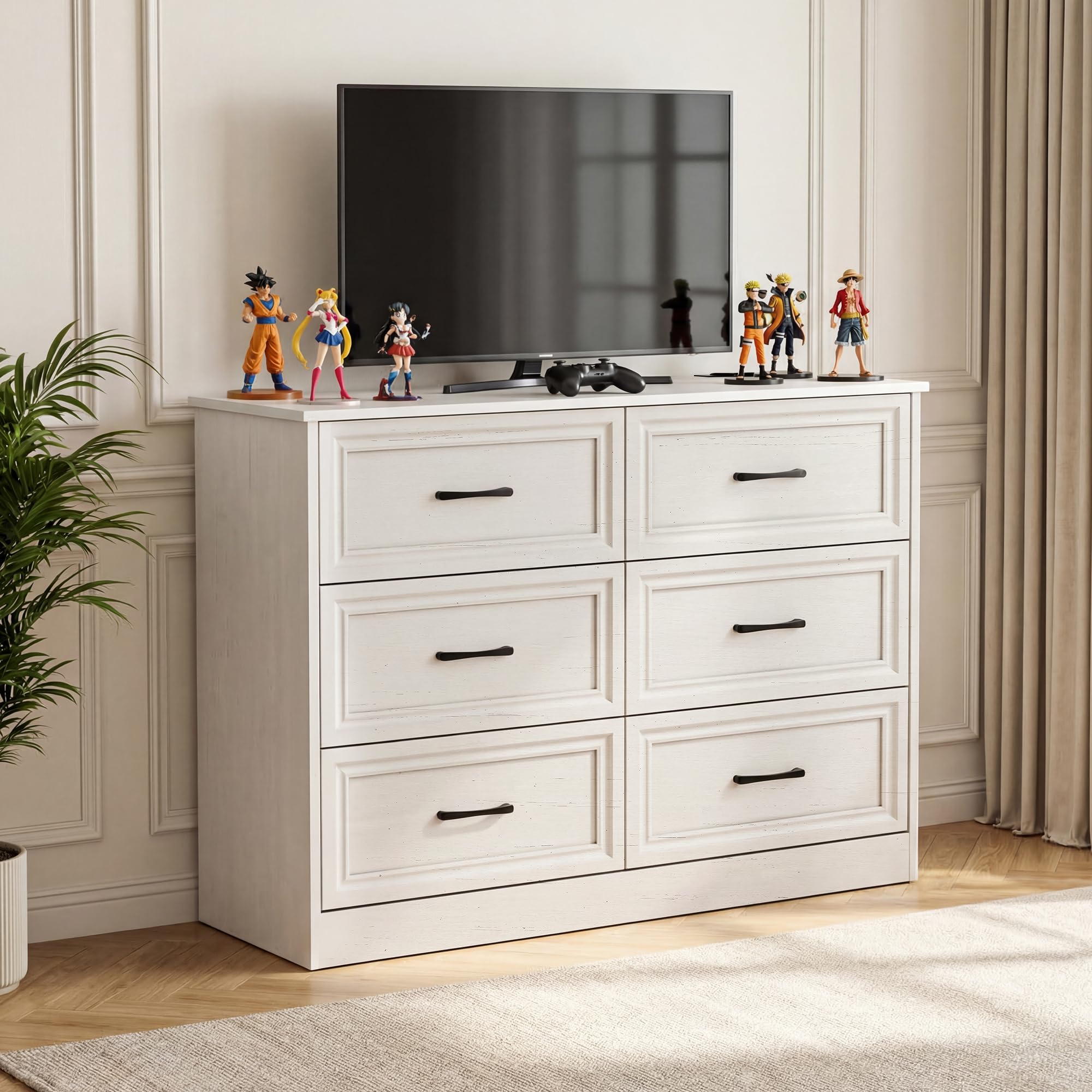 BonVache Kommode mit Steckdosen, Komode mit 6 schubladen, 2 USB & 2 AC-Anschlüssen, Komodenschrank Holz, für Schlafzimmer, Wohnzimmer, Flur, 106 x 81.5 x 39 cm, Weiß