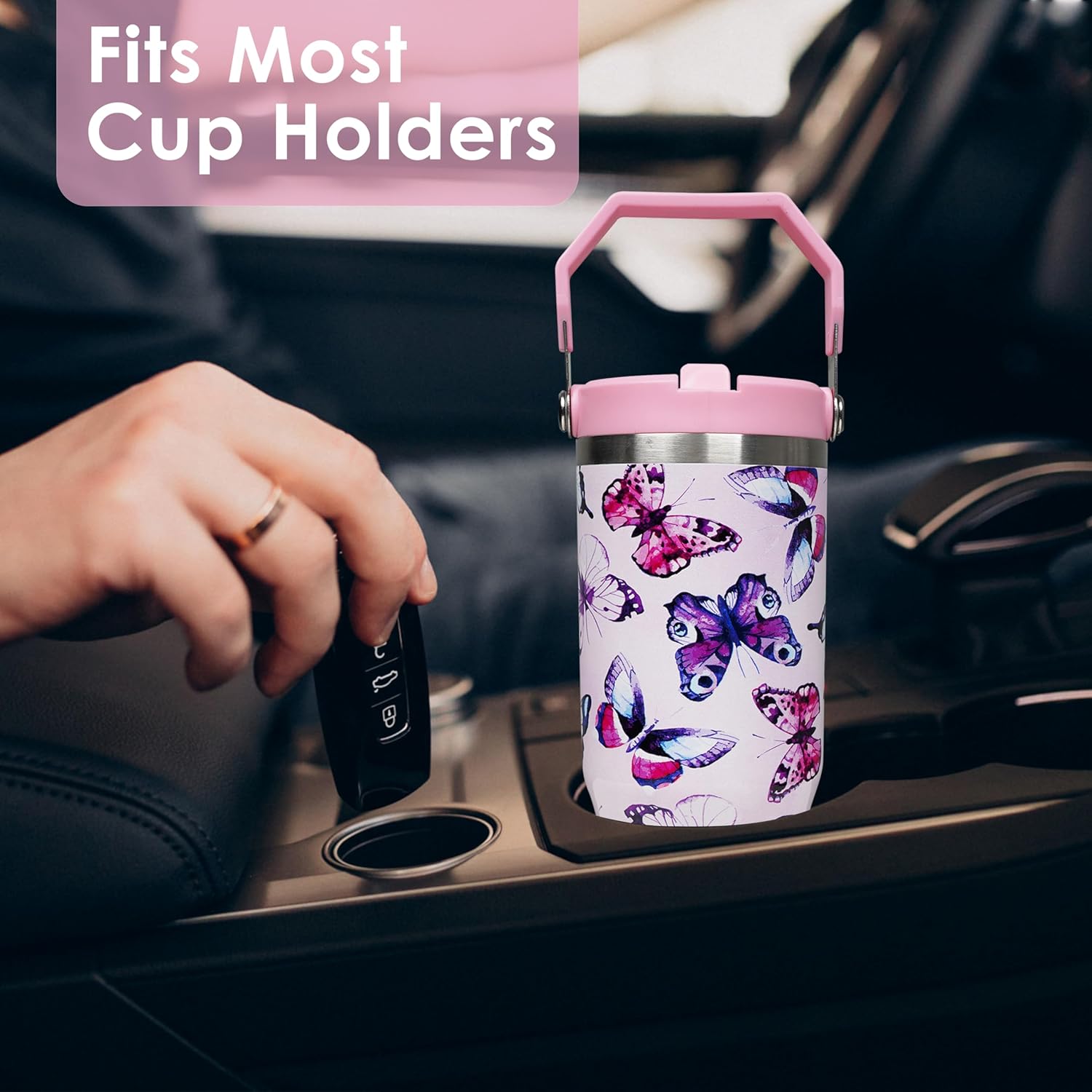 30 oz Butterfly Flip Straw Tumbler with Top Handle for Butterfly Lover Resuable Vacuum Insulated Flip Top Water bottle for Home Office Car Butterfly - Image 6