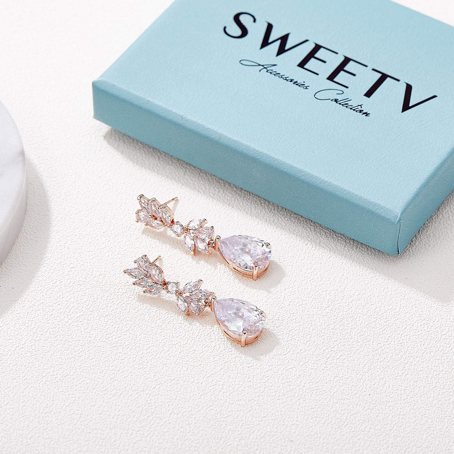 SWEETV Marquise Wedding Earrings for Brides, Bridesmaids, Teardrop Crystal Cubic Zirconia Bridal Drop Earrings for Women Prom - Image 6