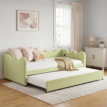 DEINPPA Twin Size Gingham Daybed with Trundle, Velvet Upholstered Daybed with USB Ports for Bedroom Living Room Guest Room-Green