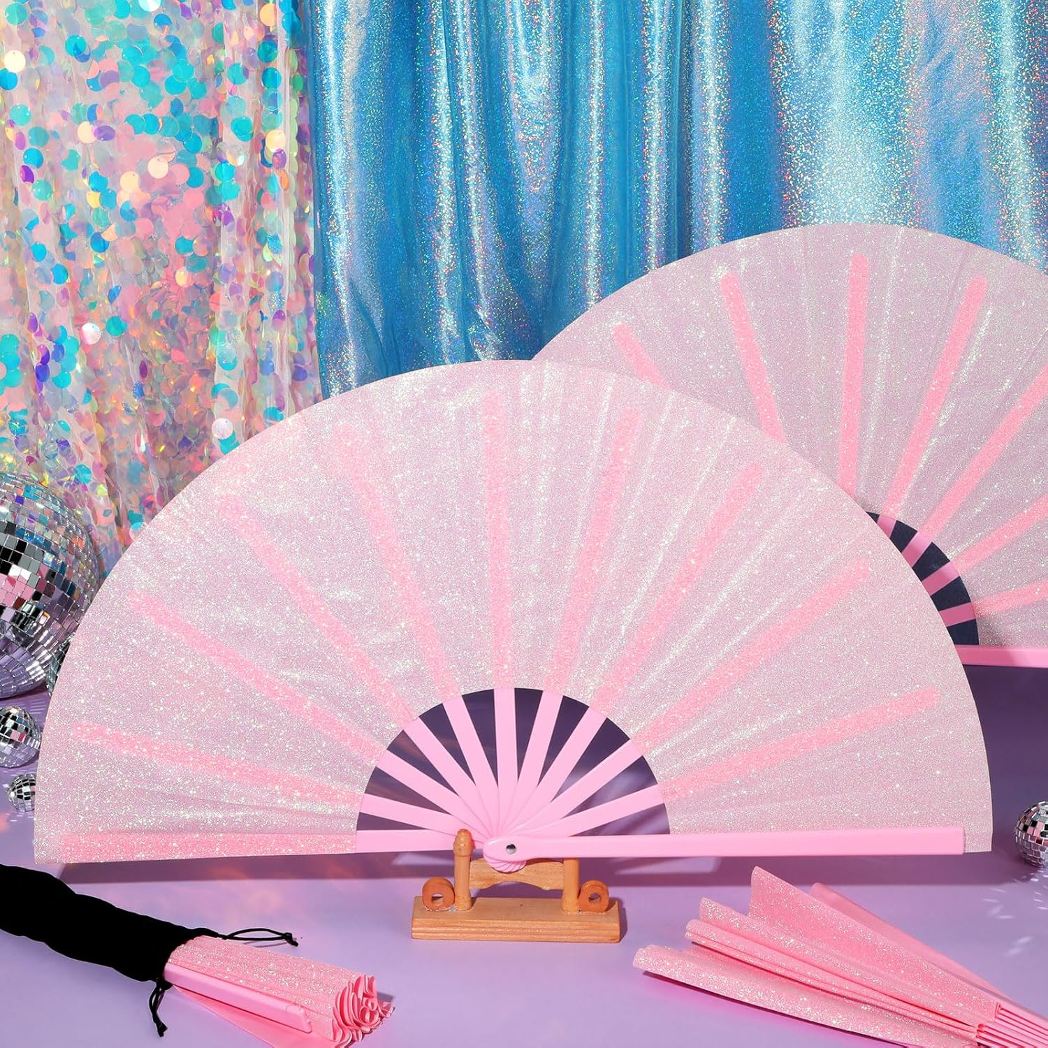 Blulu 4 Pcs 13 Inch Large Folding Hand Fans Bulk Giant Clapping Popping Rave Fans Foldable for Line Dancing Festival Party Decoration(Glitter Pink,Chic Style)