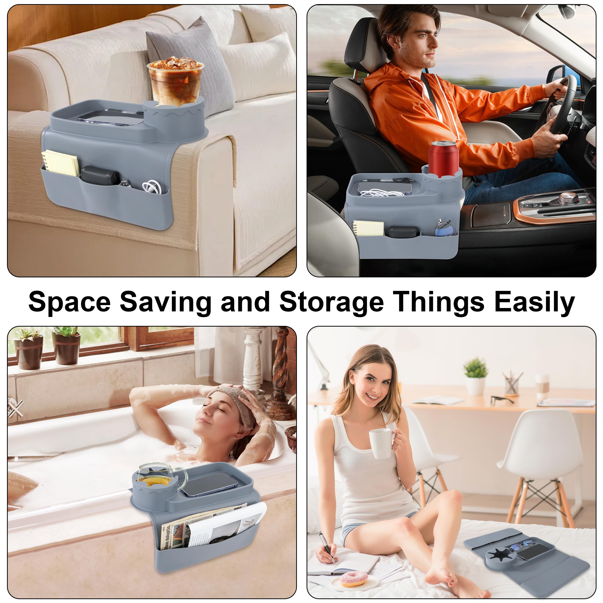 Vassoio per divano bracciolo con portabevande, bracciolo in silicone con due tasche laterali e supporto per telefono, organizer per bevande, telefono, tablet, telecomando TV