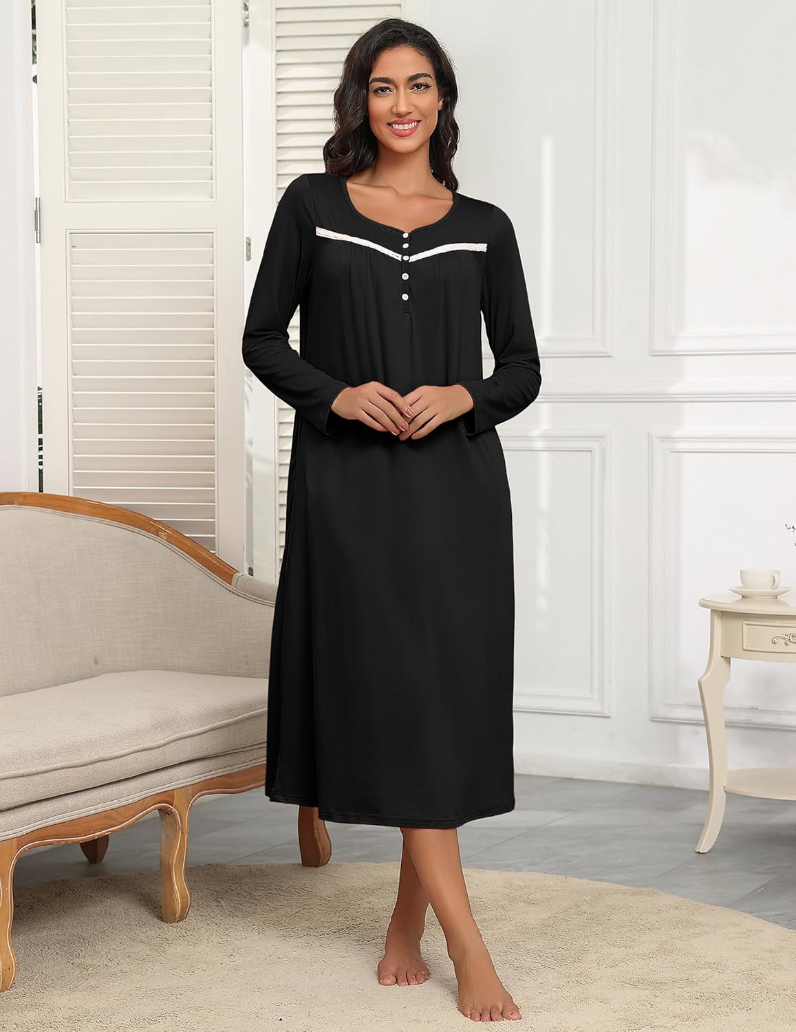 Ekouaer Women's Long Sleeve Nightgown Full Length Pajama Dress with Pockets V Neck Nightshirts Lace Trim Sleepwear - Image 2