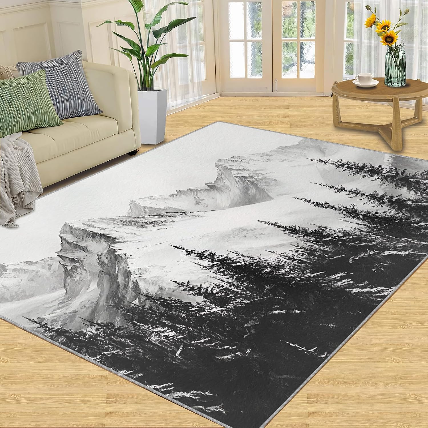 Black and White Trees 2x3 Area Rugs for Living Room -Landscape Snow Scene Painting Washable Rug Snowy Mountain Forest Non-Slip Carpet Indoor Floor Carpets for Bedroom Dining Room Home Office