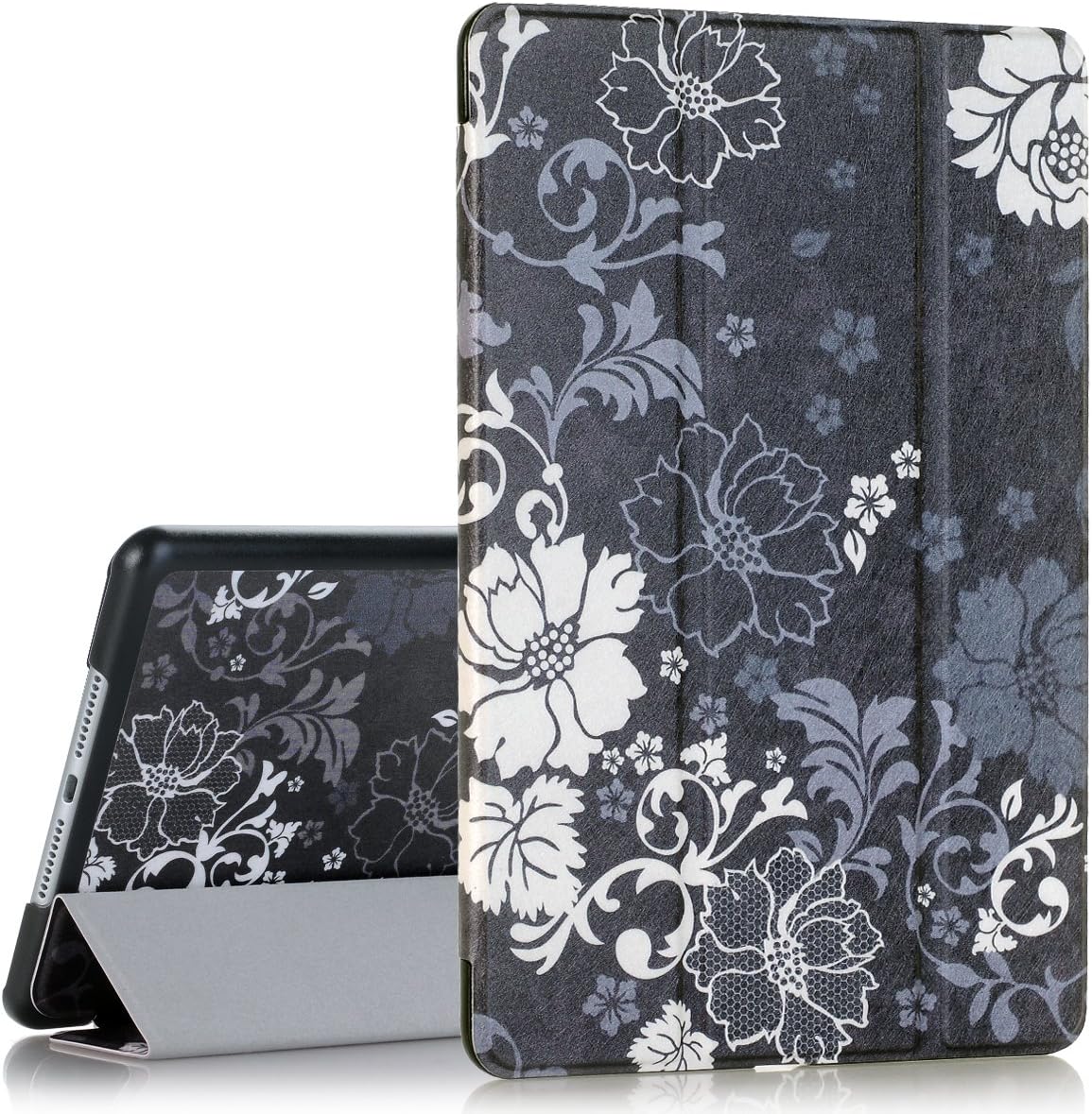 iPad Mini 4 Case, Hocase PU Leather Smart Case w/Cute Floral Print, Auto Sleep/Wake Feature, Microfiber Lining Hard Back Cover for iPad Model A1538/A1550 (2015) - Black/White Flowers